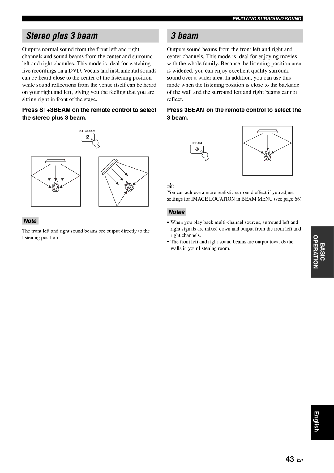 Yamaha YSP-1100 owner manual Stereo plus 3 beam Beam, 43 En, Press 3BEAM on the remote control to select the 3 beam 