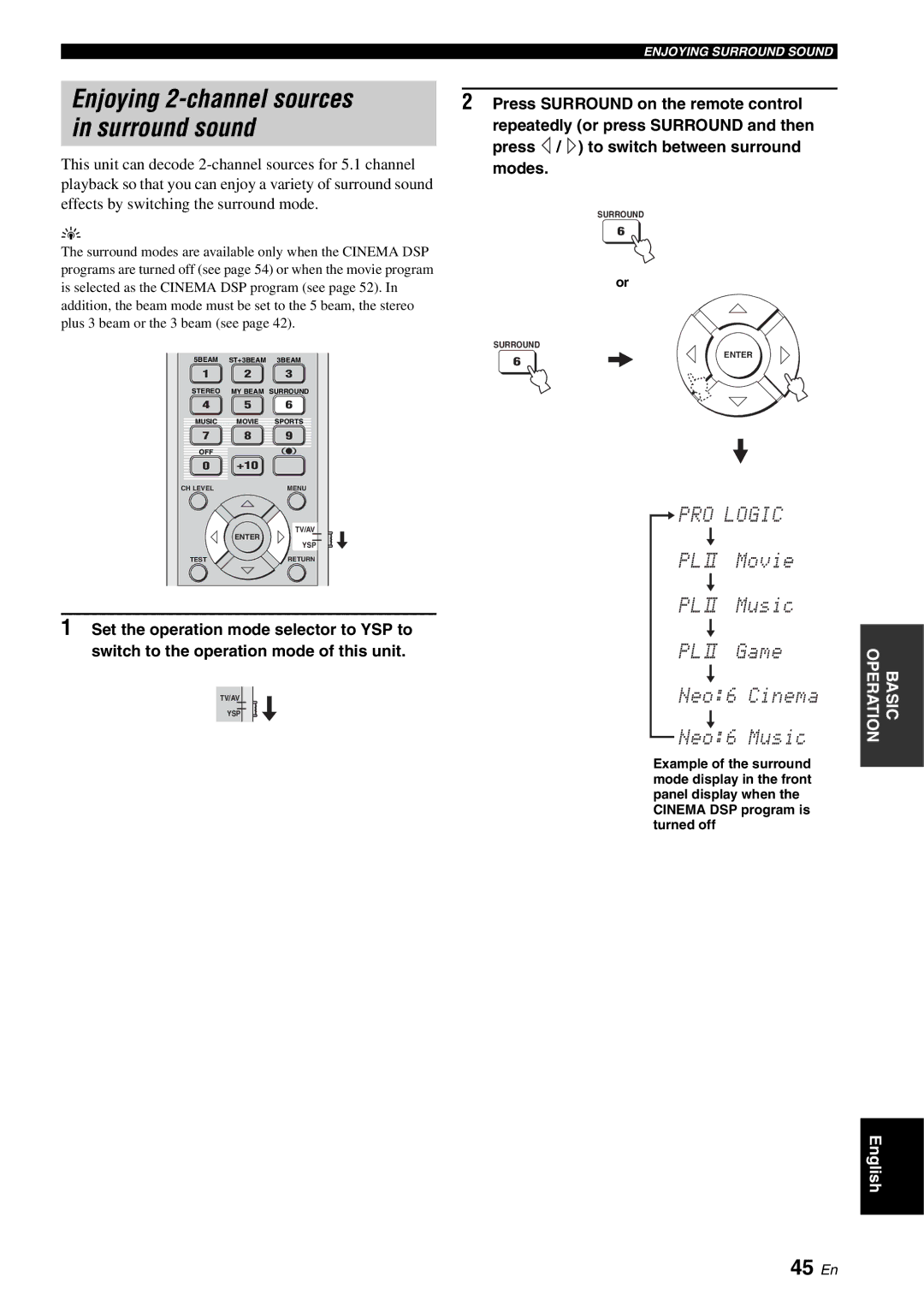 Yamaha YSP-1100 owner manual Enjoying 2-channel sources, Surround sound, 45 En 