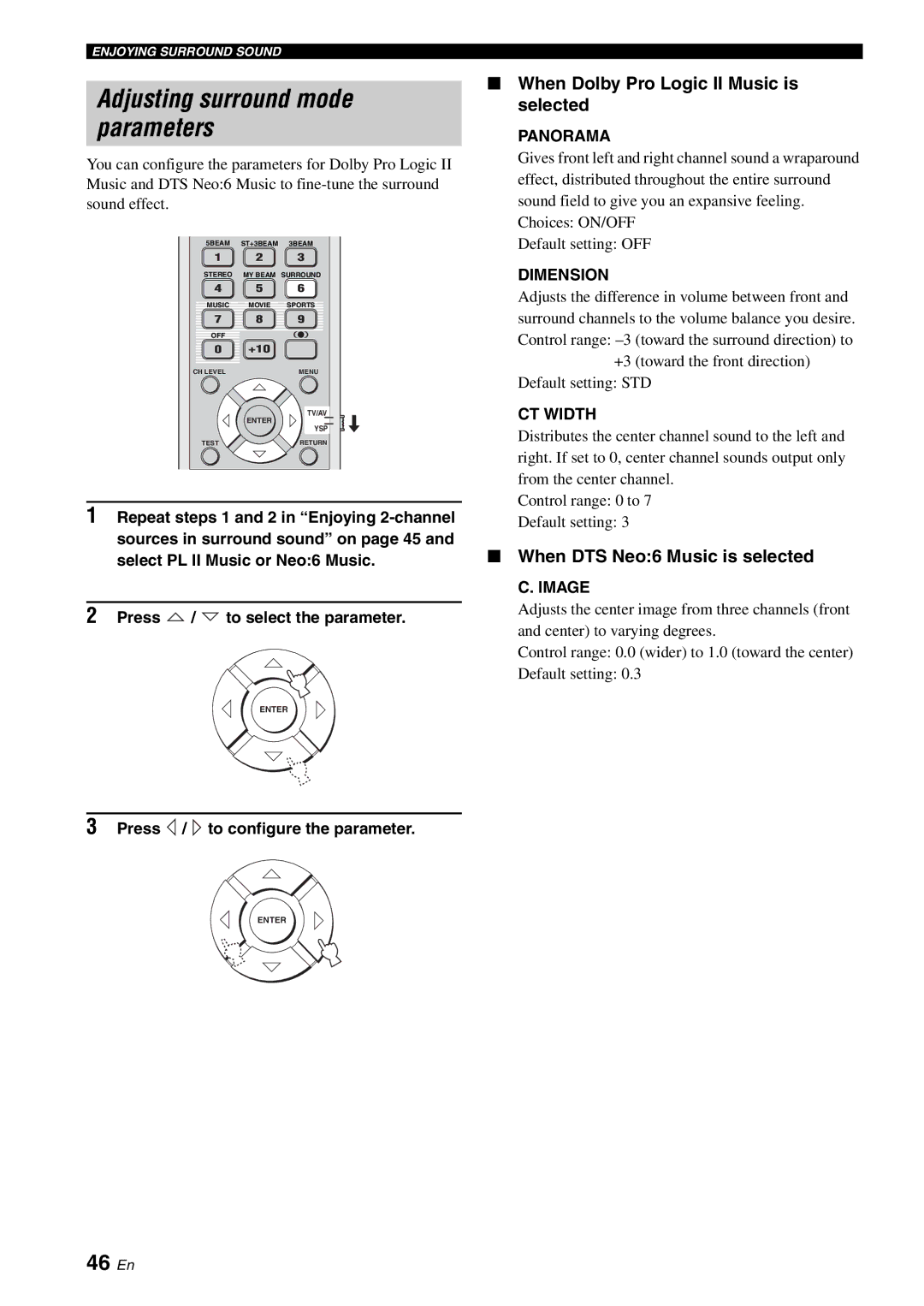 Yamaha YSP-1100 owner manual Adjusting surround mode parameters, 46 En, When Dolby Pro Logic II Music is selected 