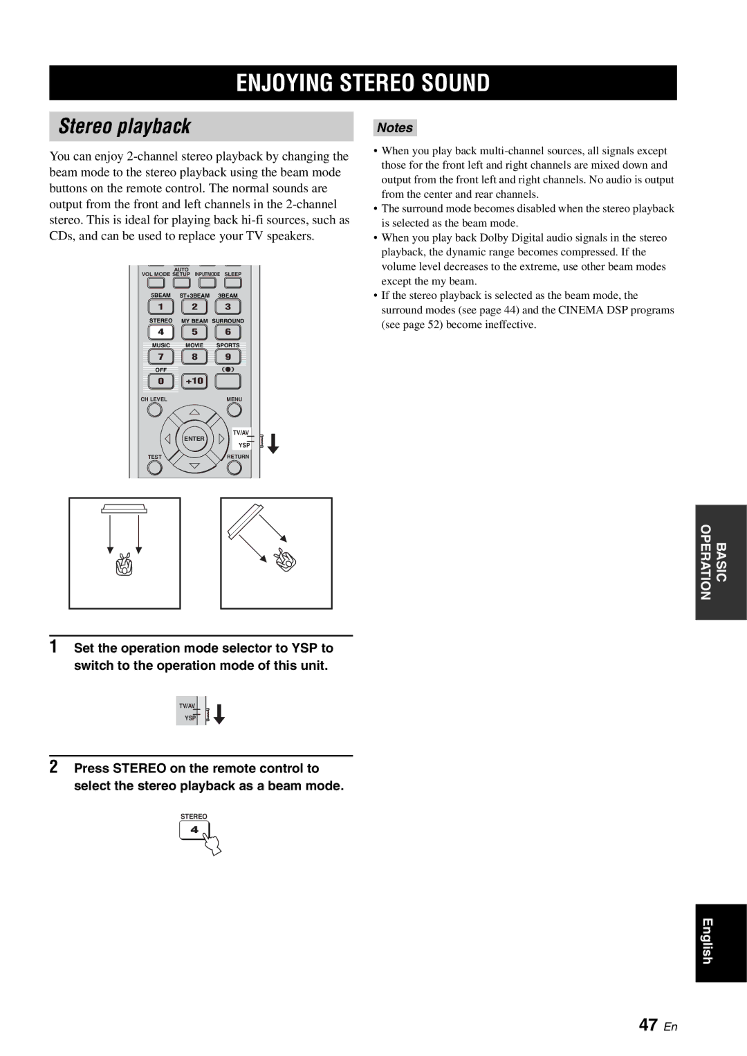 Yamaha YSP-1100 owner manual Enjoying Stereo Sound, Stereo playback, 47 En 