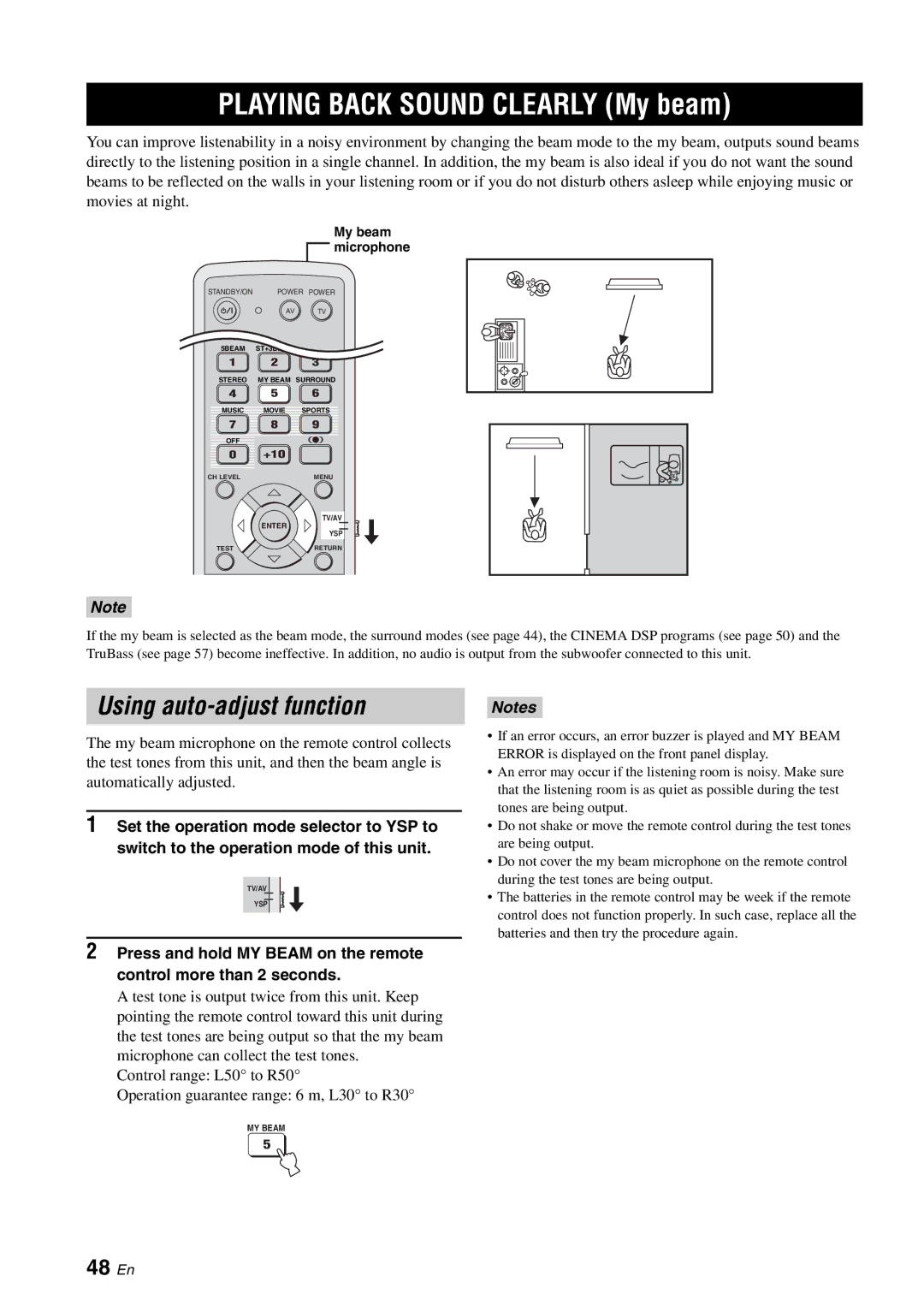 Yamaha YSP-1100 owner manual Using auto-adjust function, 48 En, My beam microphone 