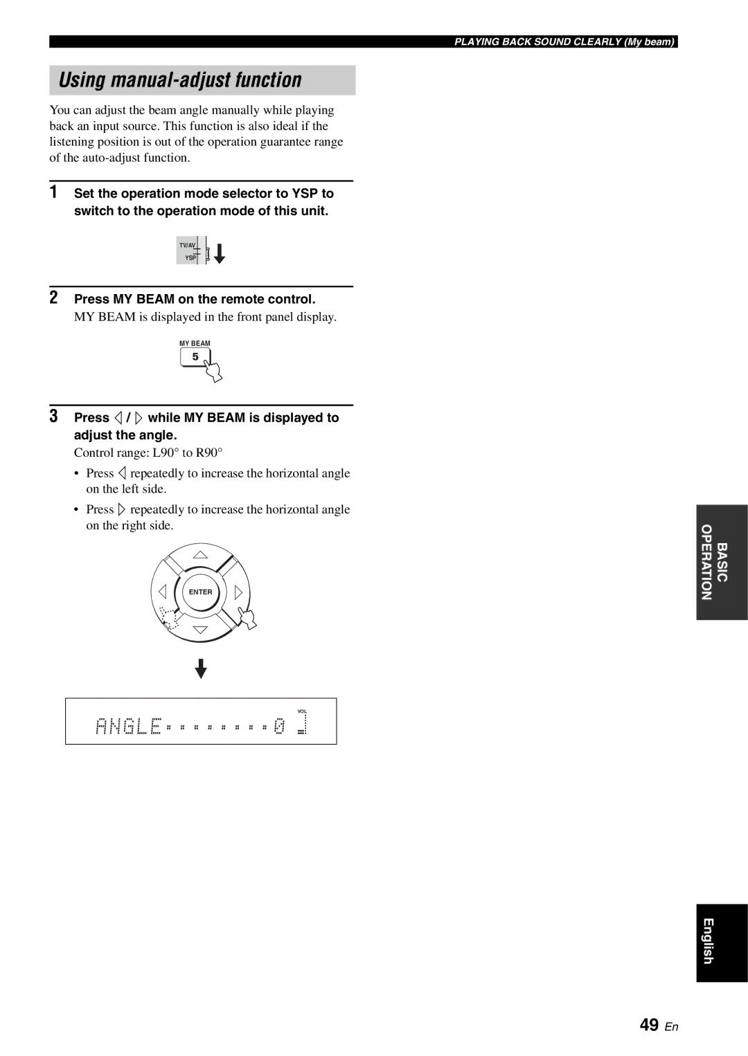 Yamaha YSP-1100 owner manual Using manual-adjust function, 49 En, Press MY Beam on the remote control 