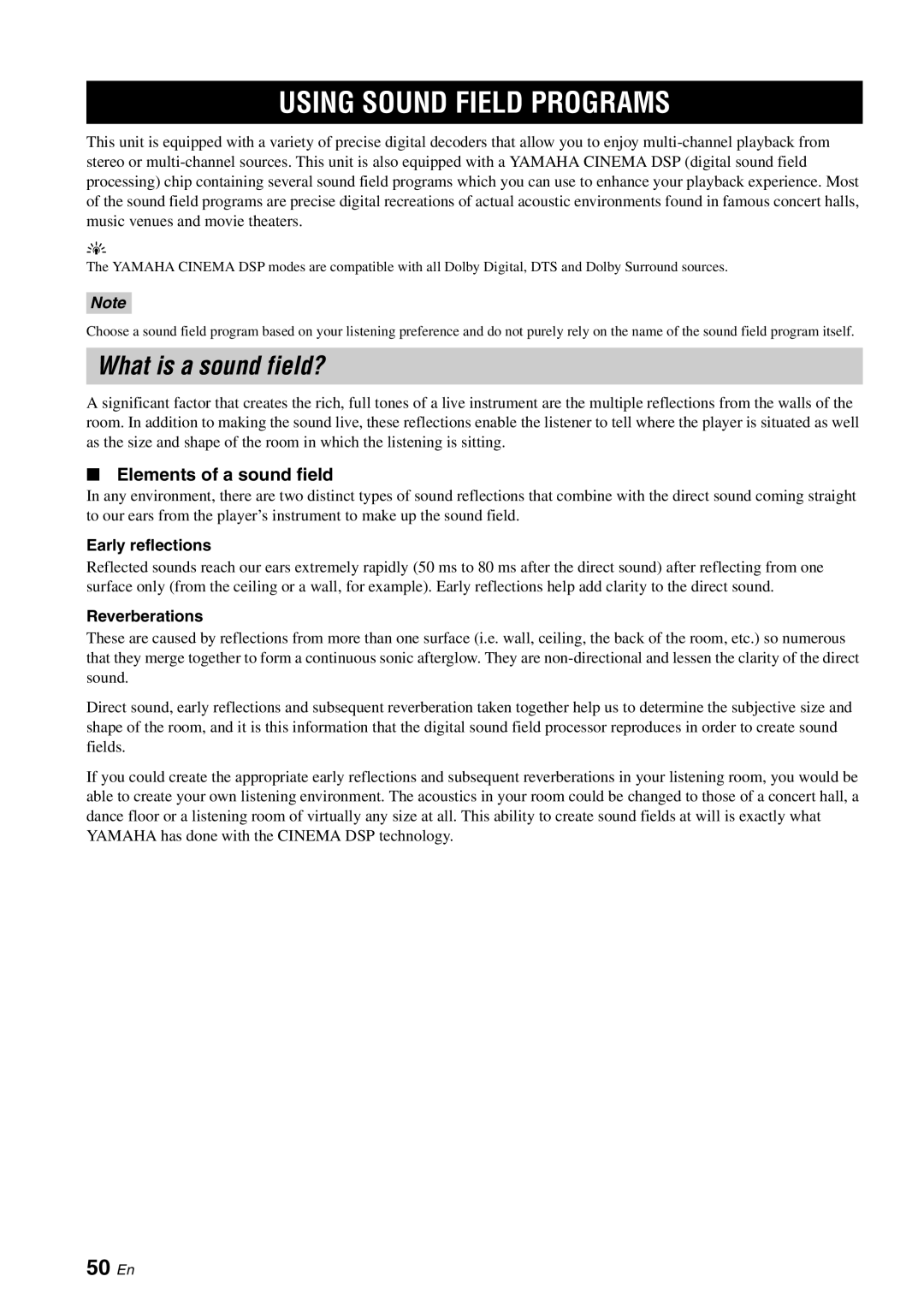 Yamaha YSP-1100 owner manual Using Sound Field Programs, What is a sound field?, 50 En, Elements of a sound field 