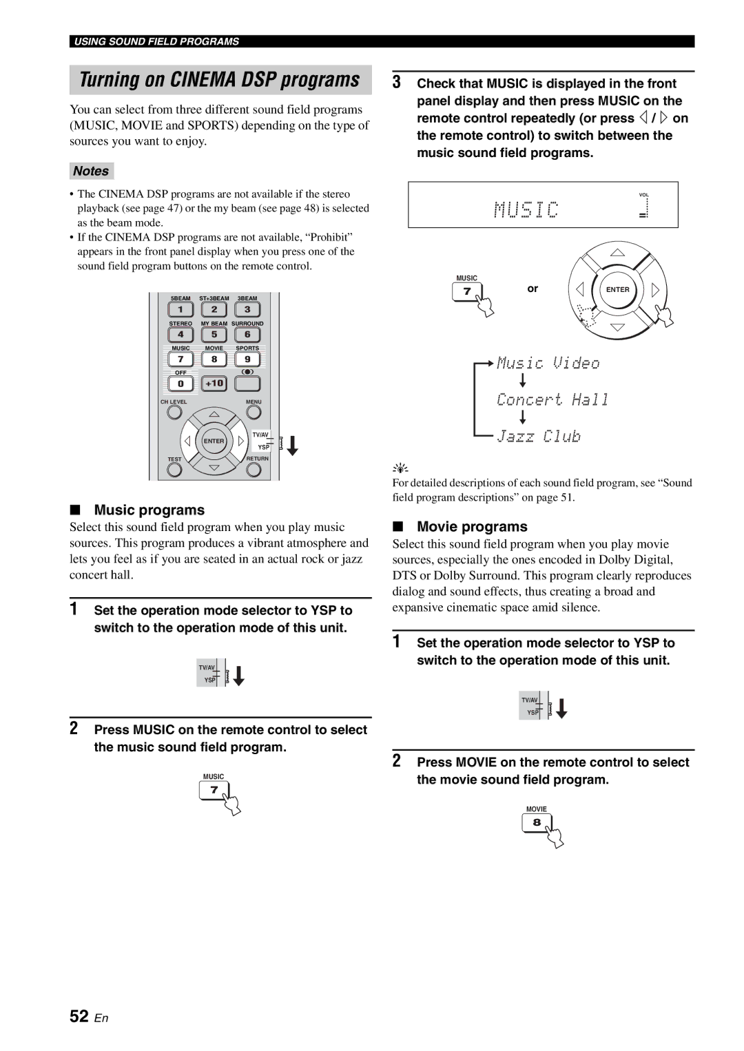 Yamaha YSP-1100 owner manual 52 En, Music programs, Movie programs 