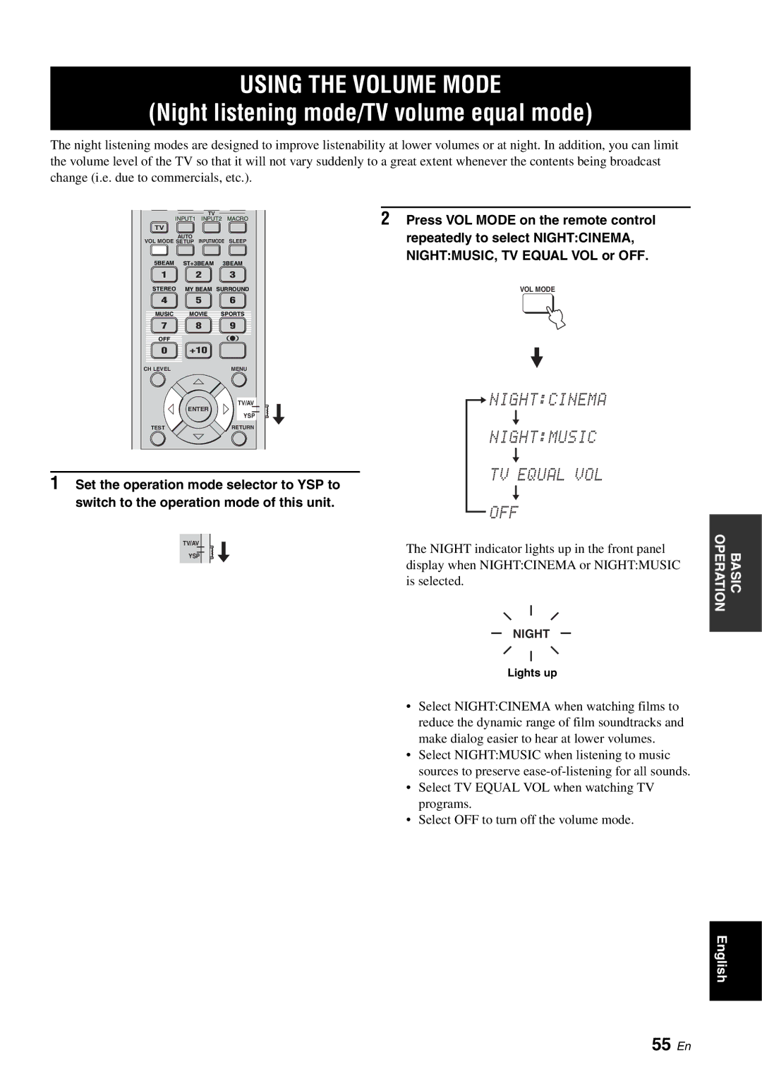 Yamaha YSP-1100 owner manual Using the Volume Mode, 55 En 