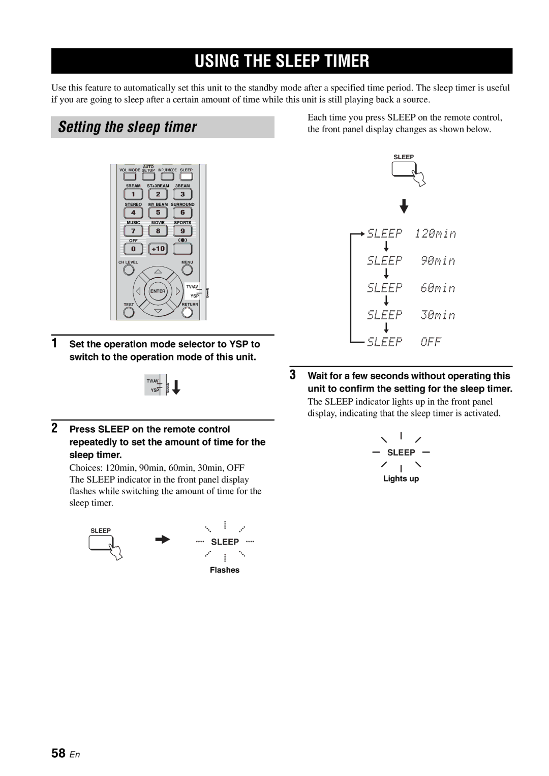 Yamaha YSP-1100 Using the Sleep Timer, Setting the sleep timer, 58 En, Unit to confirm the setting for the sleep timer 