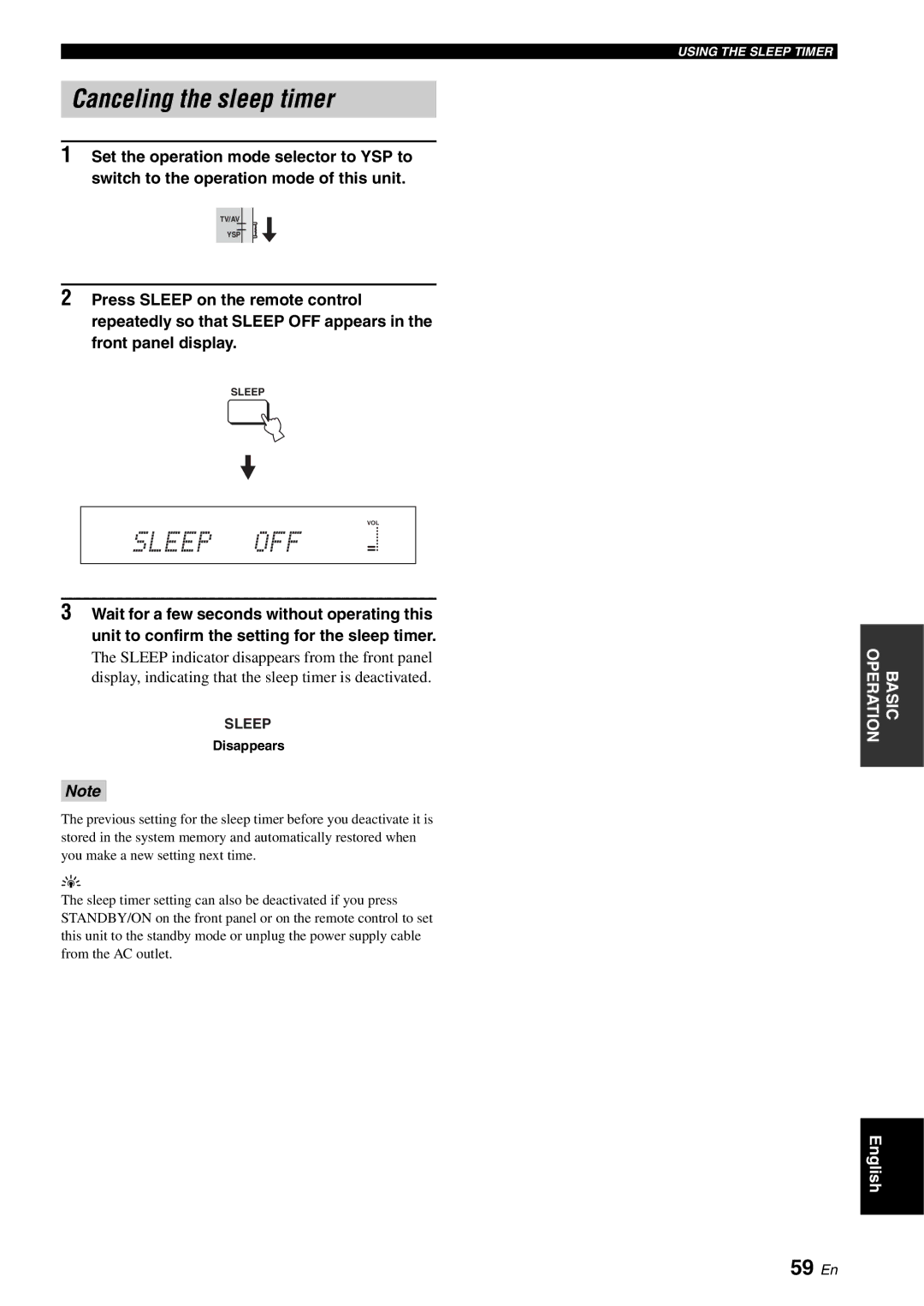 Yamaha YSP-1100 owner manual Canceling the sleep timer, 59 En, Disappears 