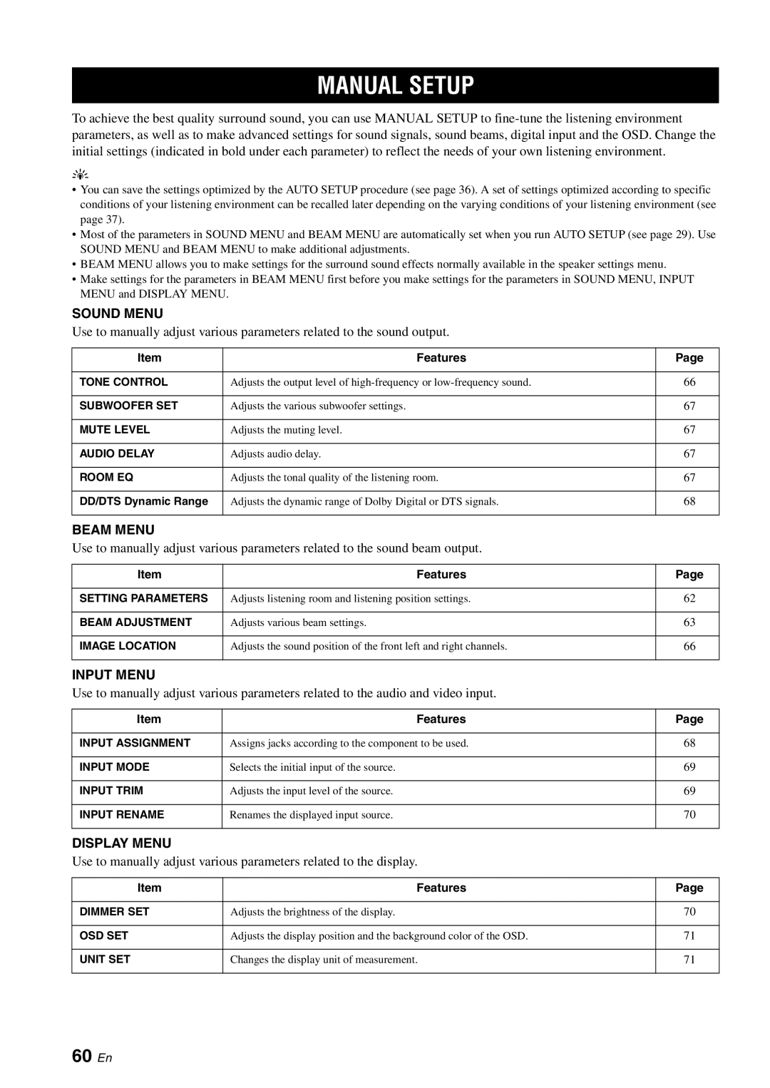 Yamaha YSP-1100 owner manual Manual Setup, 60 En 