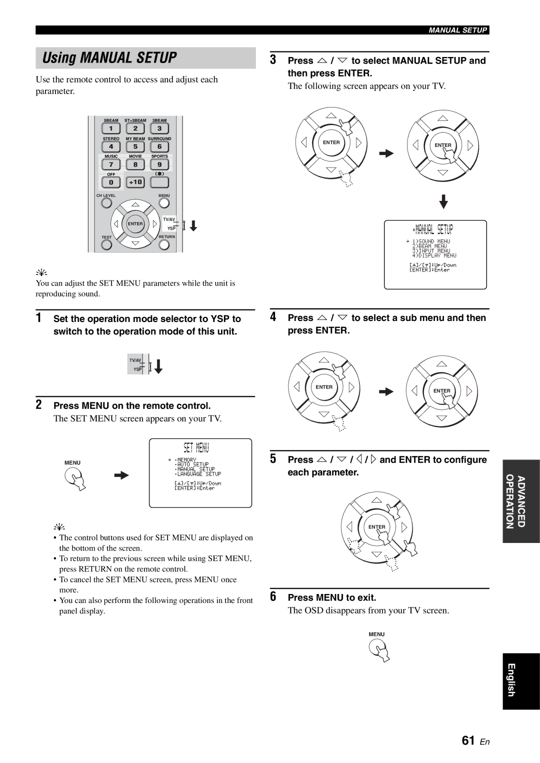 Yamaha YSP-1100 owner manual Using Manual Setup, 61 En, Press / to select Manual Setup and then press Enter 