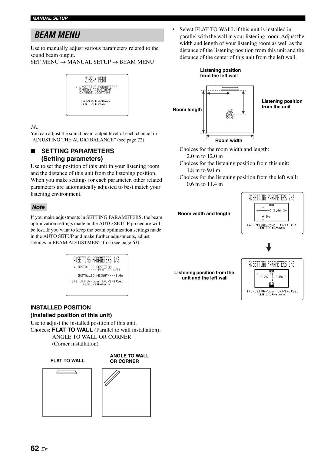 Yamaha YSP-1100 owner manual 2BEAM Menu, 62 En, Setting parameters, Installed Position Installed position of this unit 