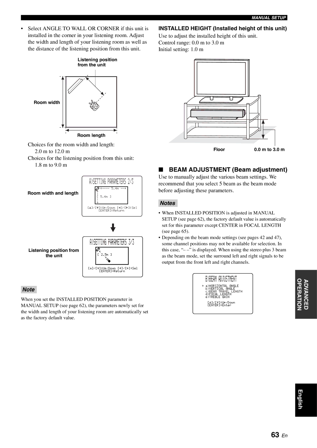 Yamaha YSP-1100 Bbeam Adjustment, 63 En, Beam Adjustment Beam adjustment, Installed Height Installed height of this unit 