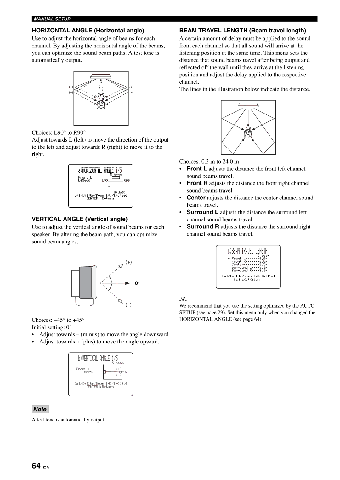 Yamaha YSP-1100 owner manual 64 En, Horizontal Angle Horizontal angle, Vertical Angle Vertical angle 