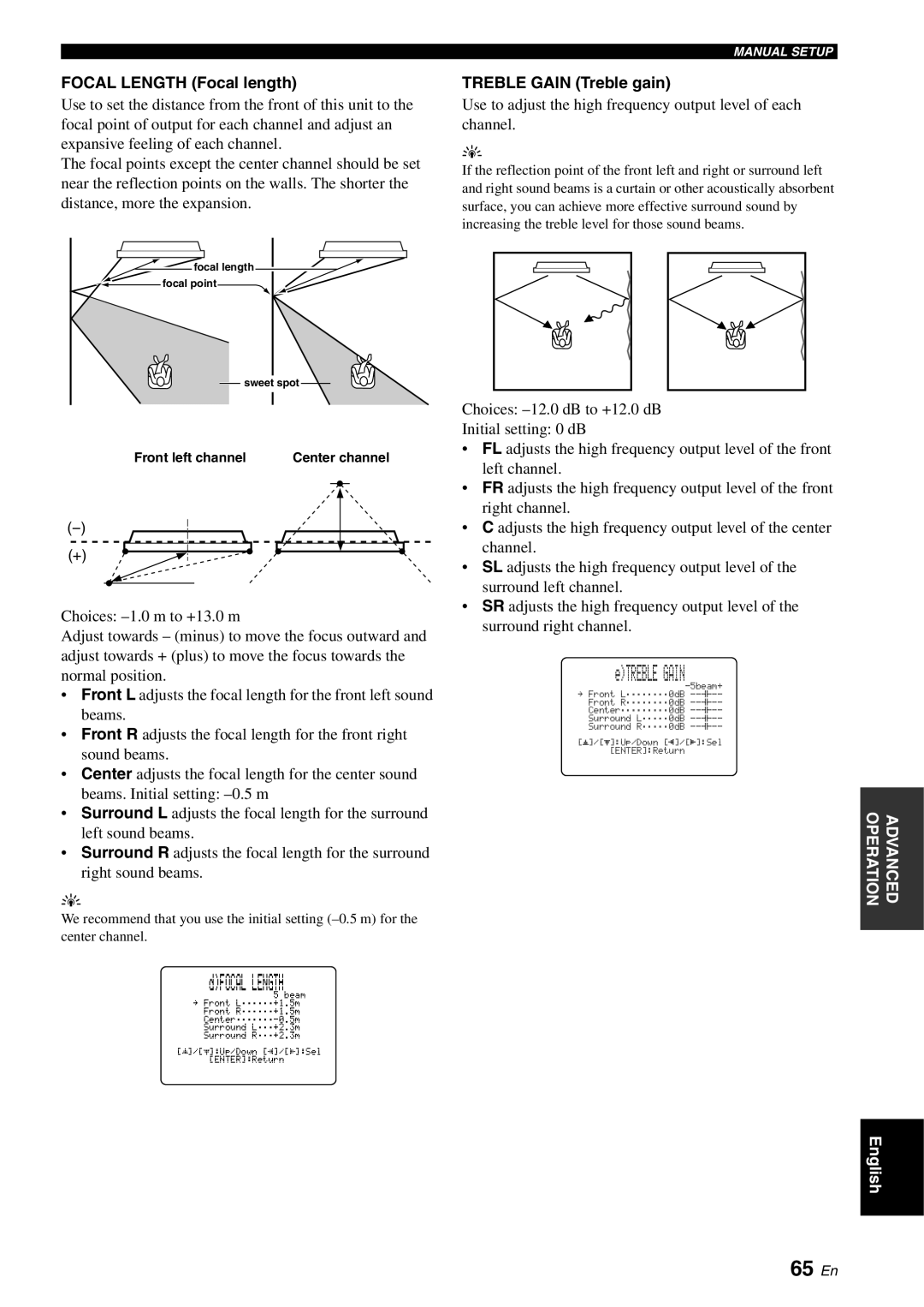 Yamaha YSP-1100 owner manual 65 En, Focal Length Focal length, Treble Gain Treble gain, Front left channel 