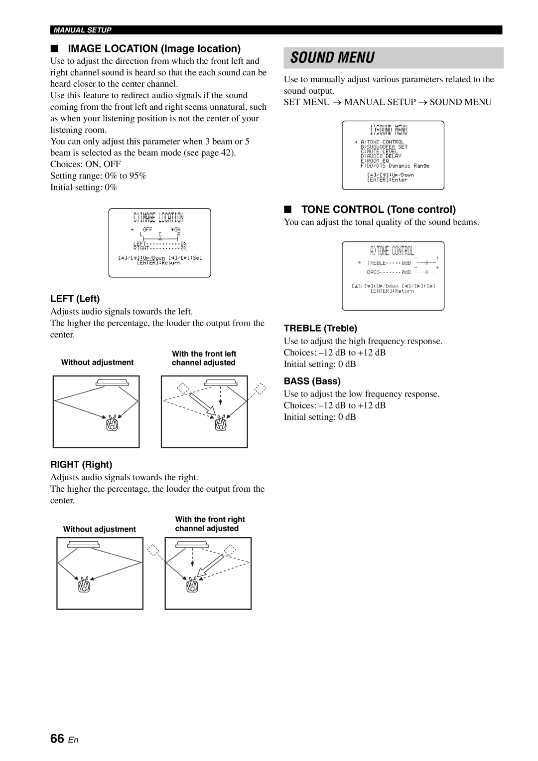 Yamaha YSP-1100 owner manual 1SOUND Menu, Cimage Location, 66 En, Image Location Image location, Tone Control Tone control 