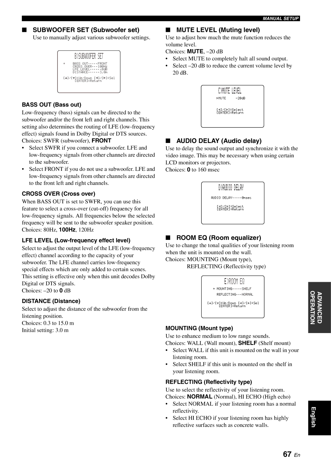 Yamaha YSP-1100 owner manual Bsubwoofer SET, Cmute Level, Daudio Delay, Eroom EQ, 67 En 