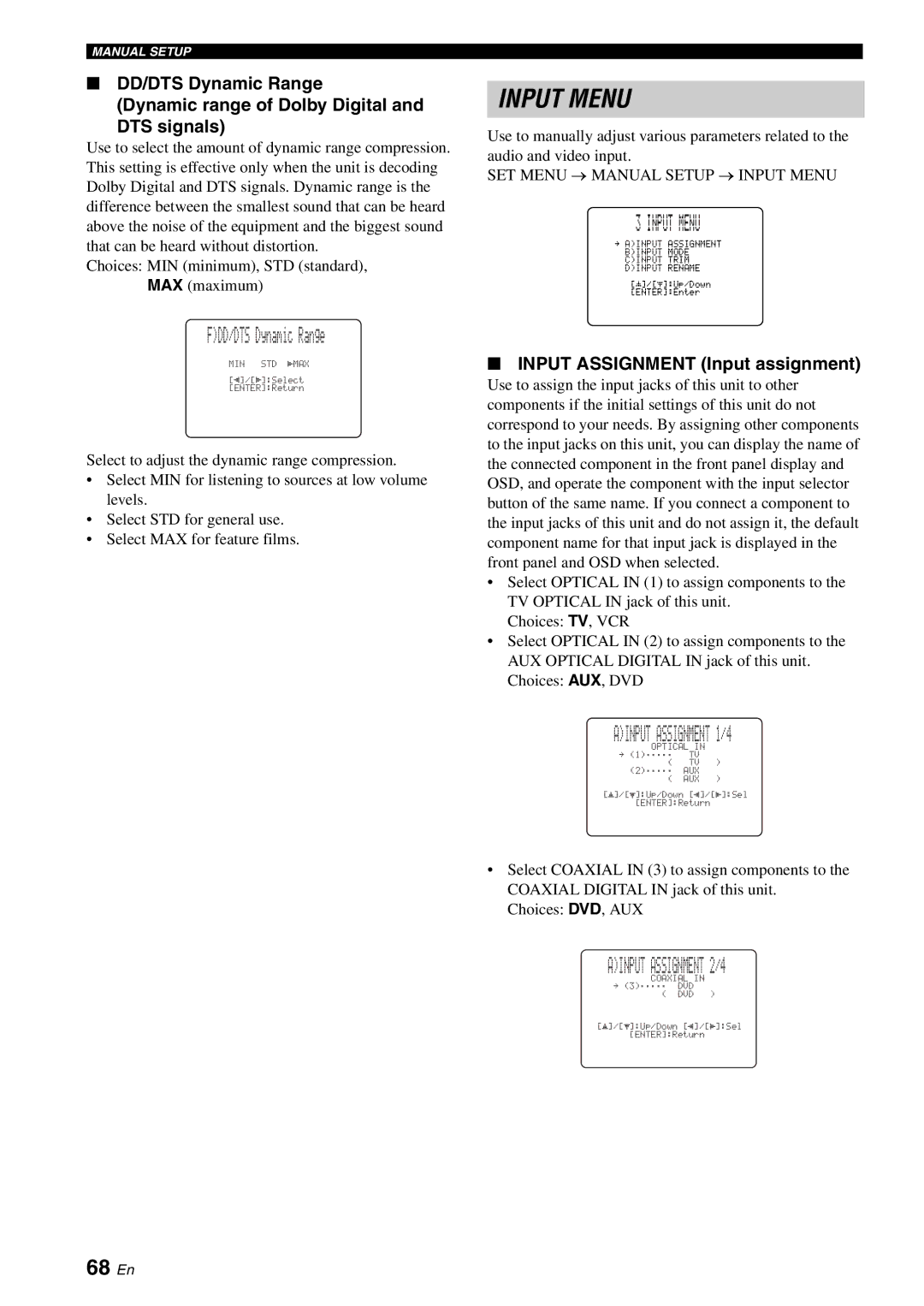 Yamaha YSP-1100 Input Menu, Ainput Assignment 1/4, Ainput Assignment 2/4, 68 En, Input Assignment Input assignment 