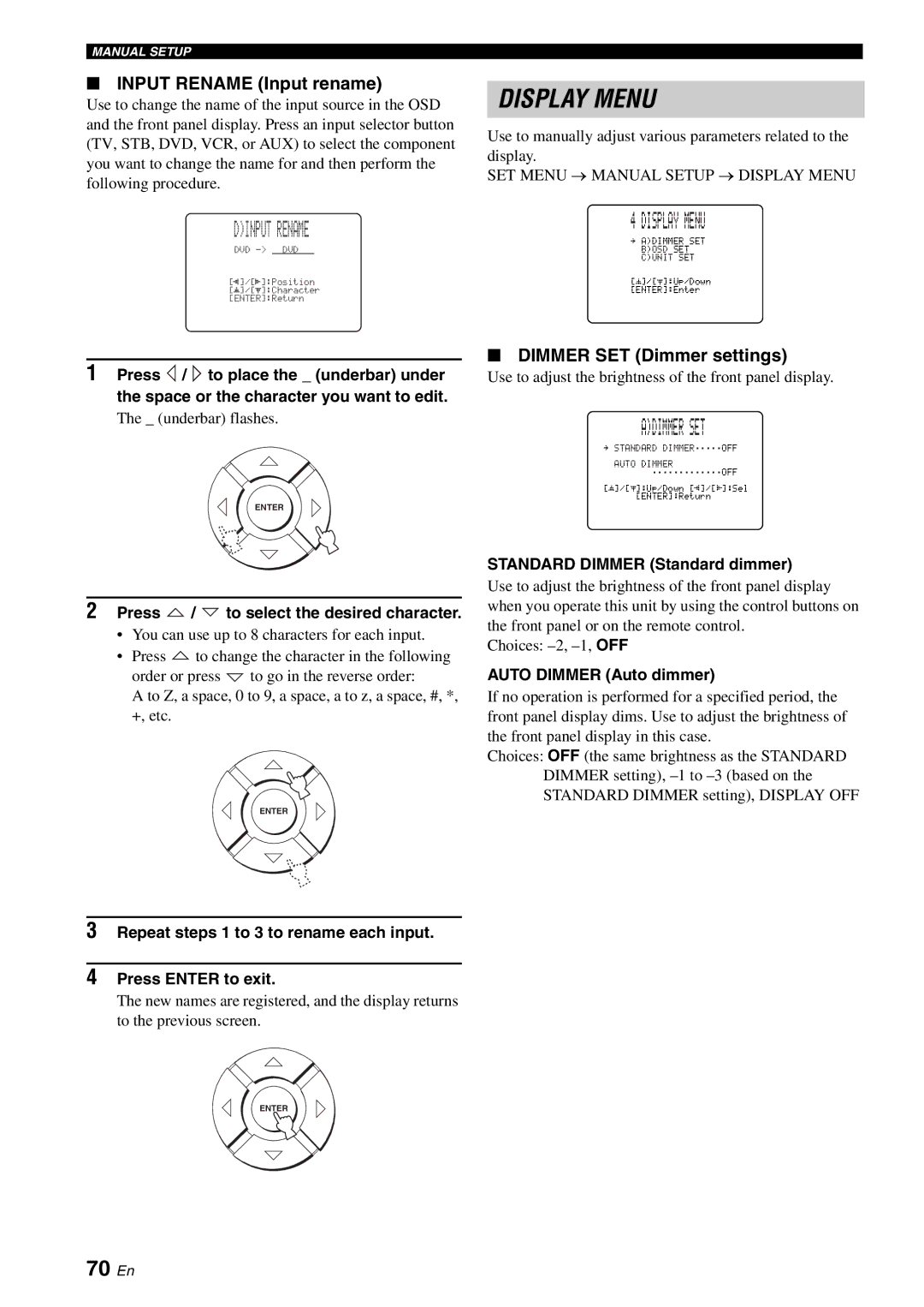 Yamaha YSP-1100 owner manual Dinput Rename, Adimmer SET, 70 En, Input Rename Input rename, Dimmer SET Dimmer settings 