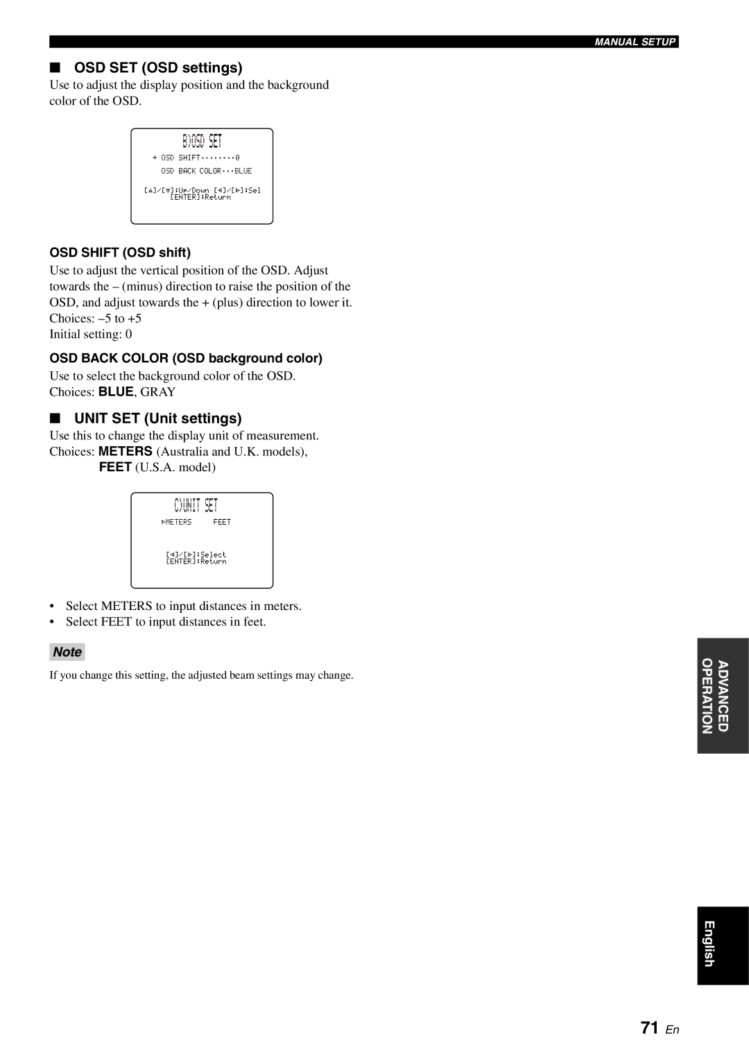 Yamaha YSP-1100 owner manual Bosd SET, Cunit SET, 71 En, OSD SET OSD settings, Unit SET Unit settings 