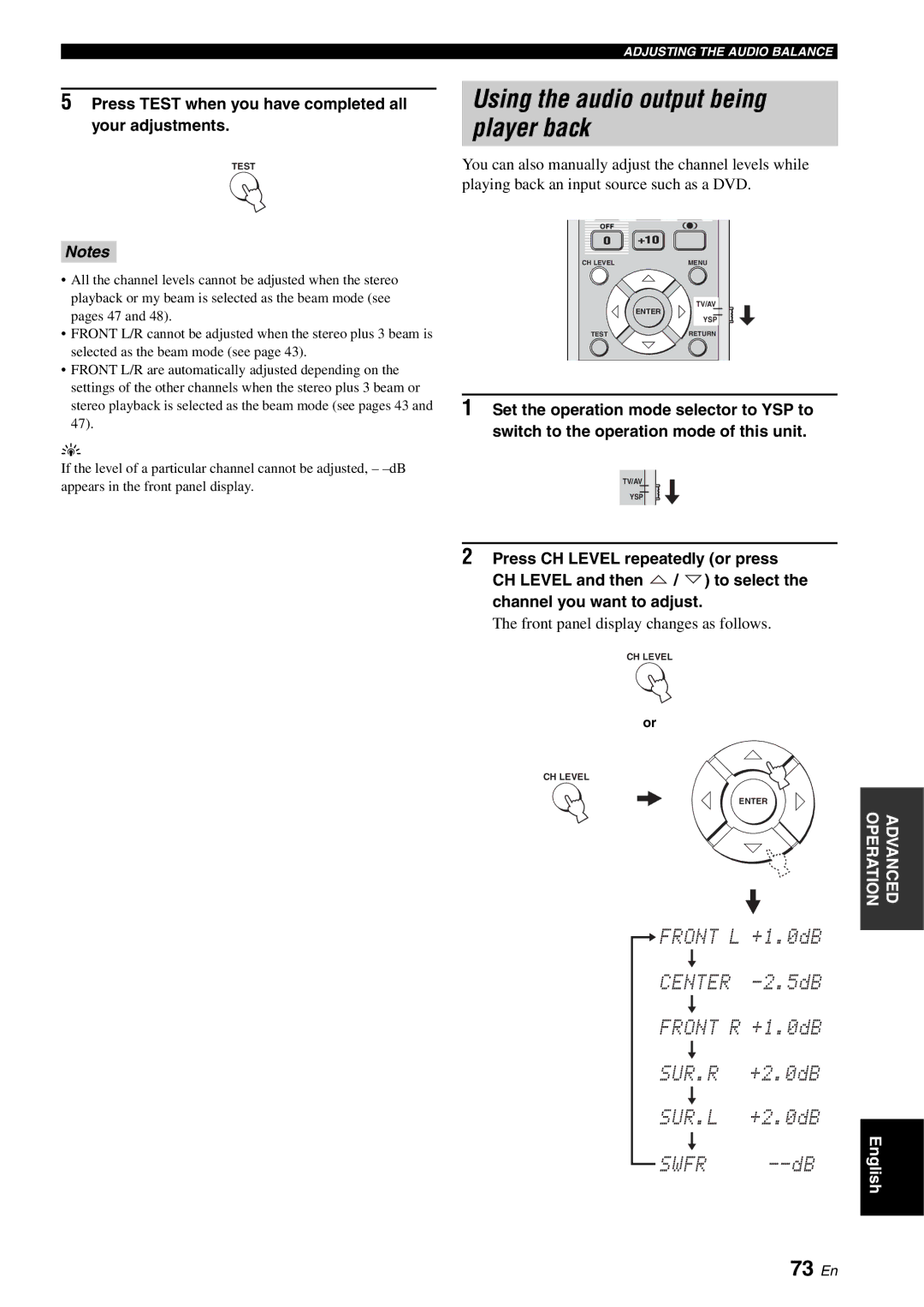 Yamaha YSP-1100 Using the audio output being player back, 73 En, Press Test when you have completed all your adjustments 