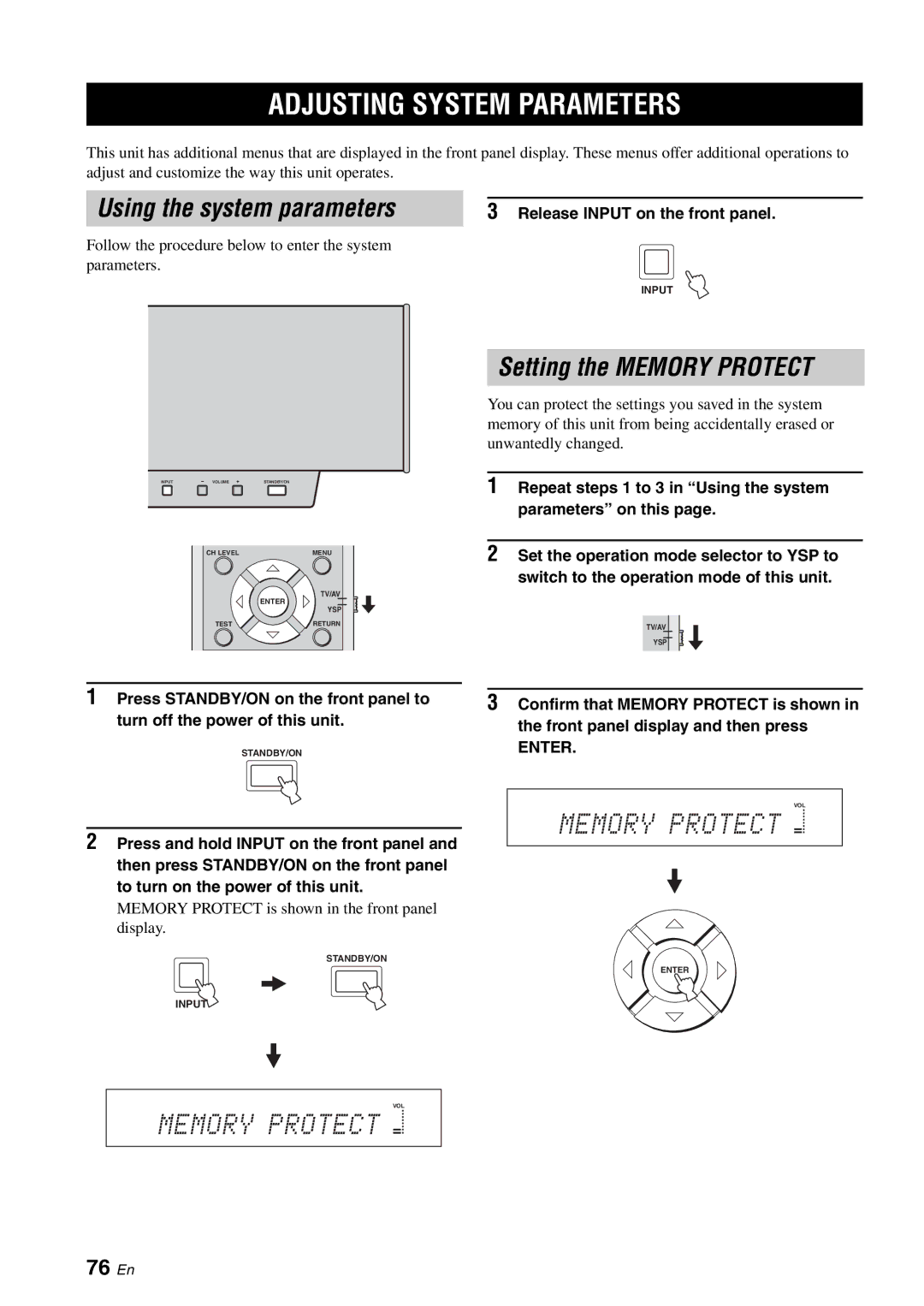 Yamaha YSP-1100 Adjusting System Parameters, Setting the Memory Protect, 76 En, Release Input on the front panel 