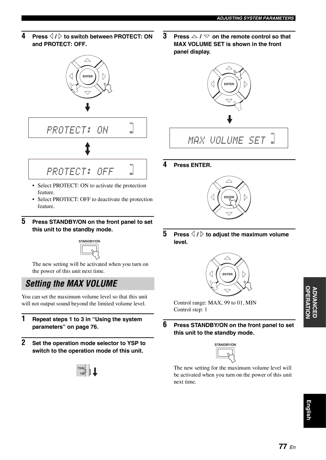 Yamaha YSP-1100 owner manual Setting the MAX Volume, 77 En, Press / to switch between Protect on Protect OFF, Press Enter 