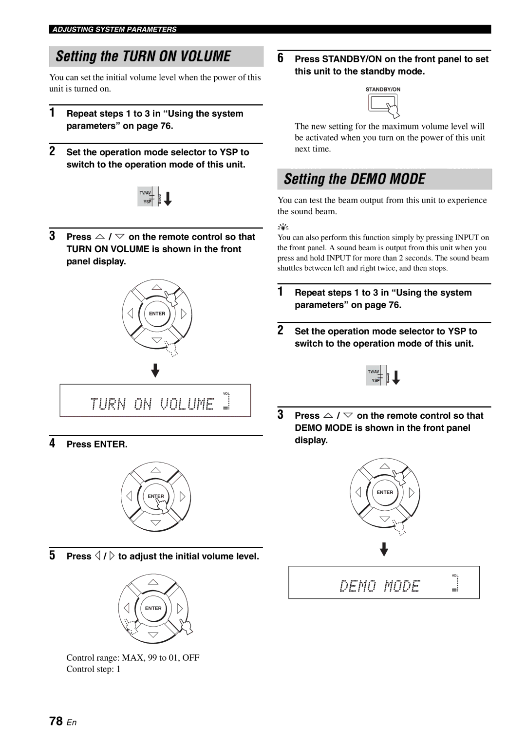 Yamaha YSP-1100 Setting the Turn on Volume, Setting the Demo Mode, 78 En, Press / to adjust the initial volume level 