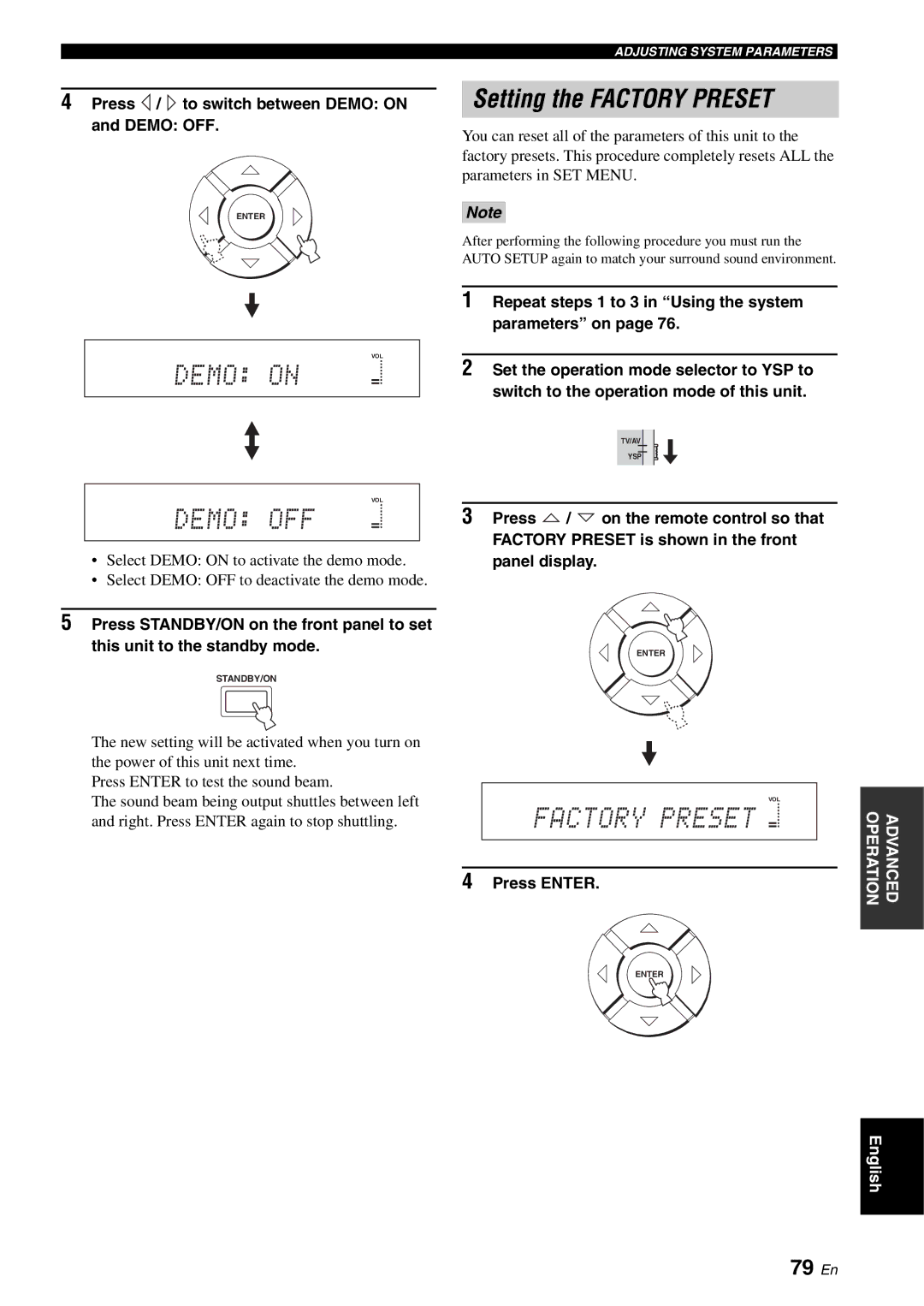 Yamaha YSP-1100 owner manual Setting the Factory Preset, 79 En, Press / to switch between Demo on Demo OFF 