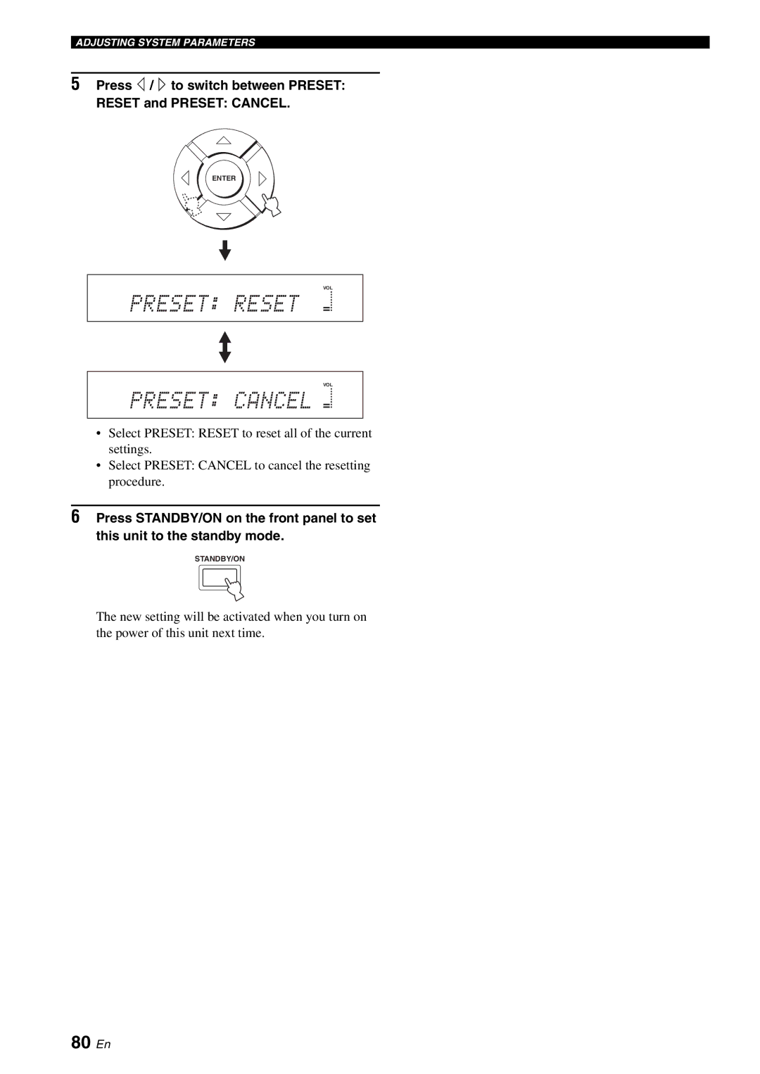 Yamaha YSP-1100 owner manual 80 En, Press / to switch between Preset Reset and Preset Cancel 