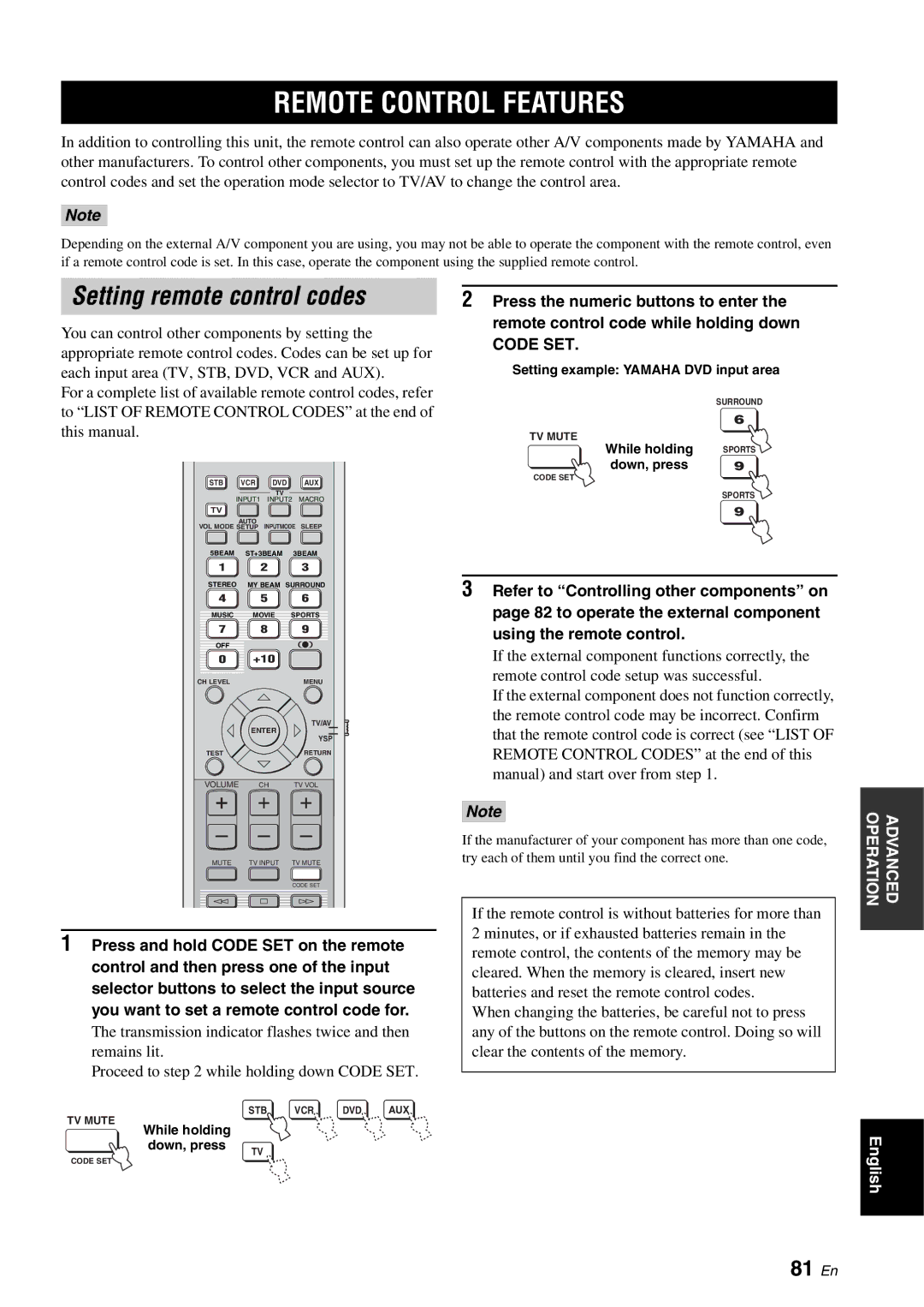 Yamaha YSP-1100 owner manual Remote Control Features, Setting remote control codes, 81 En, Code SET 