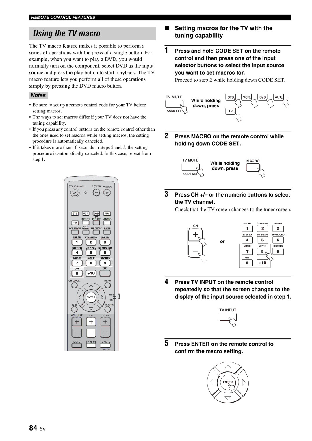 Yamaha YSP-1100 owner manual Using the TV macro, 84 En, Setting macros for the TV with the tuning capability 