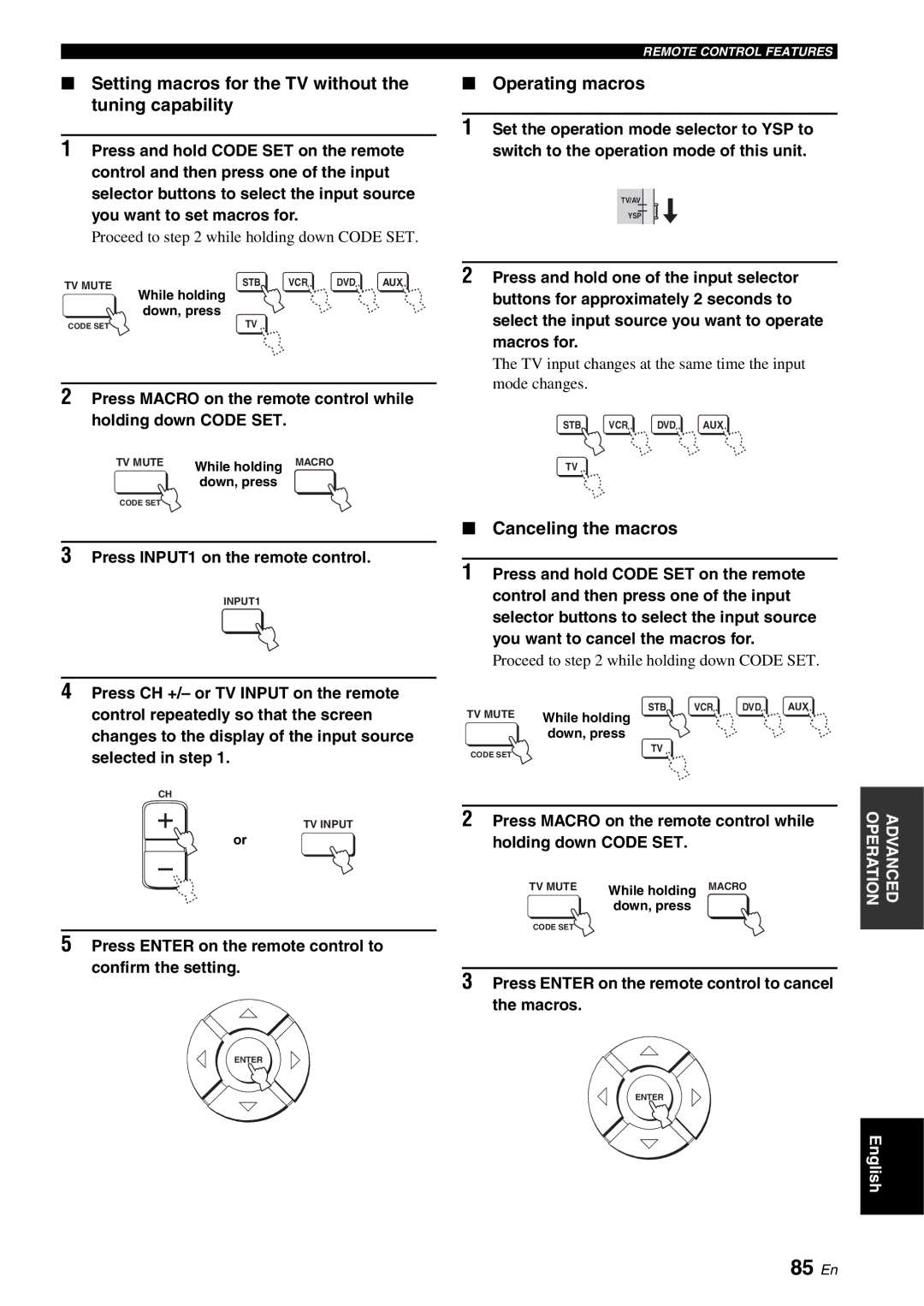 Yamaha YSP-1100 85 En, Setting macros for the TV without the tuning capability, Operating macros, Canceling the macros 