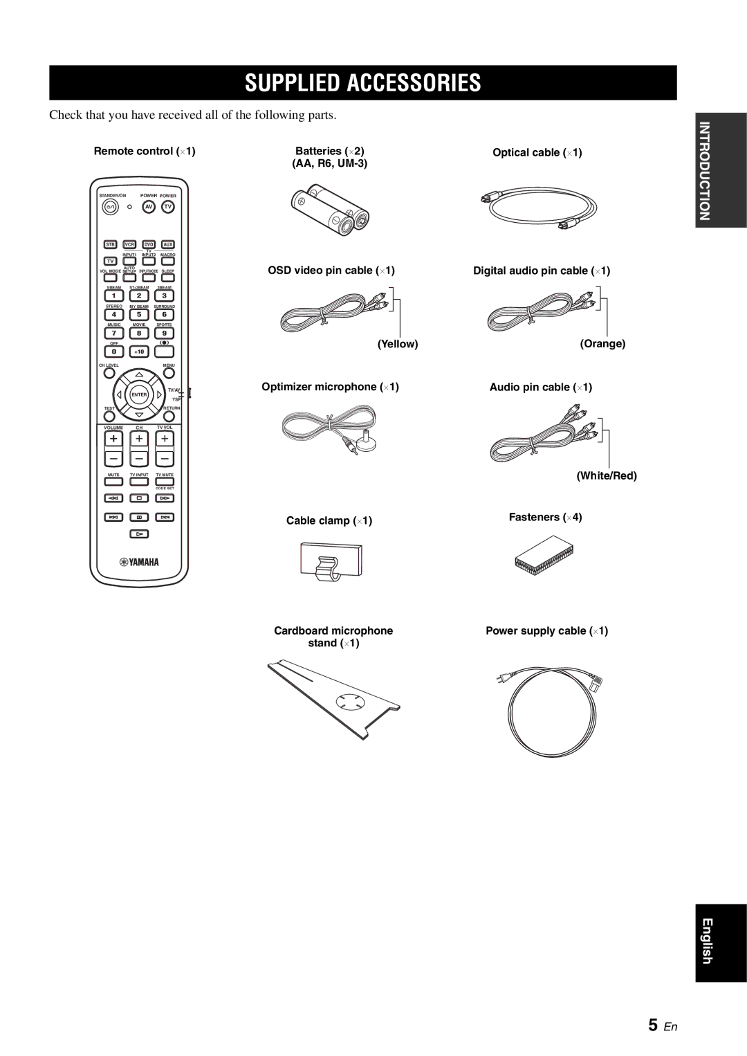 Yamaha YSP-1100 Supplied Accessories, Remote control ⋅1, Yellow Optimizer microphone ⋅1 Orange Audio pin cable ⋅1 