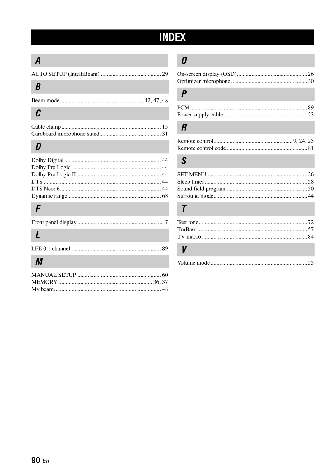 Yamaha YSP-1100 owner manual Index, 90 En 