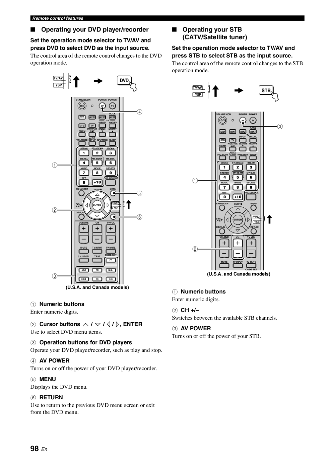 Yamaha YSP-3000 owner manual 98 En, Operating your DVD player/recorder, Operating your STB CATV/Satellite tuner 