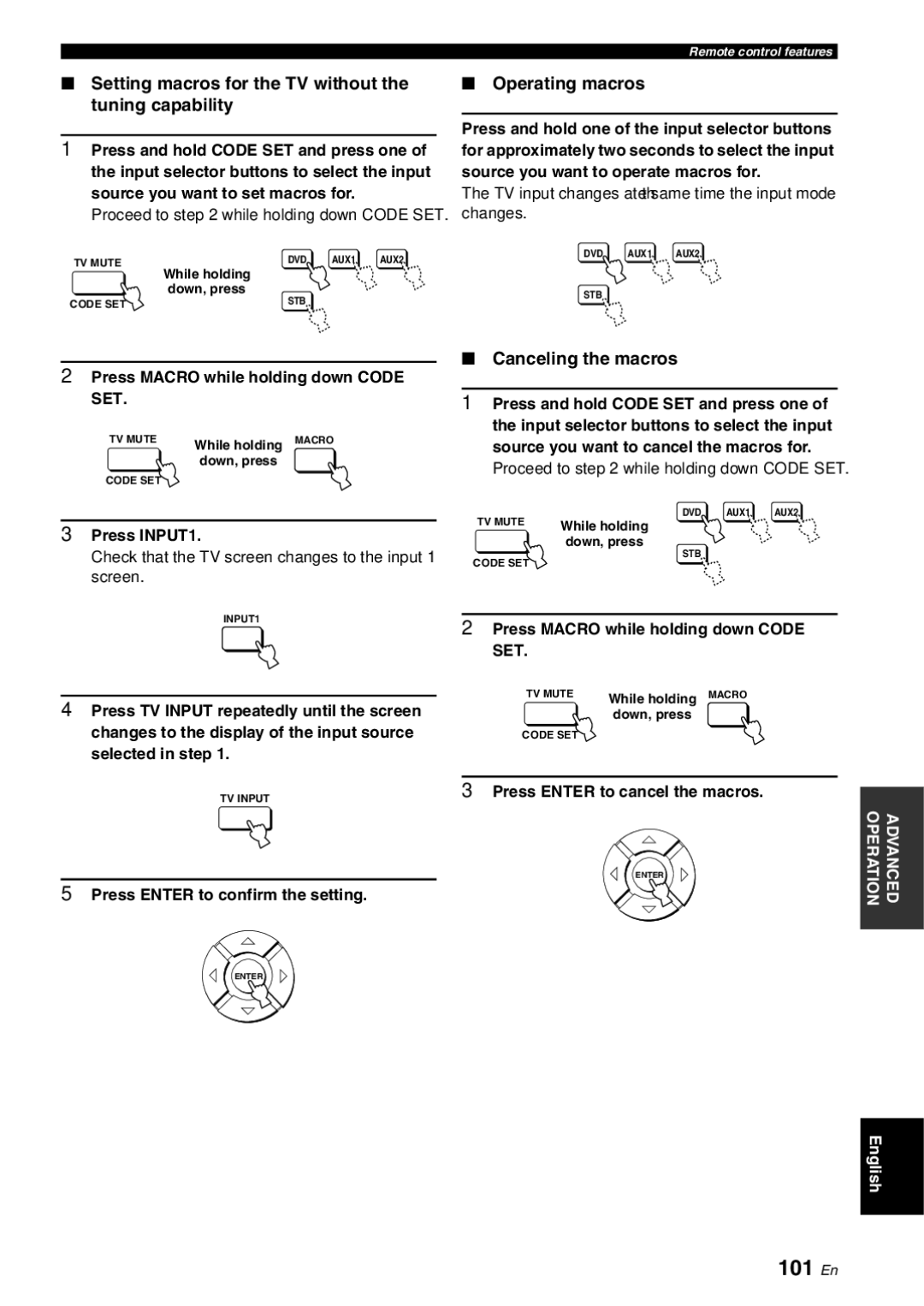 Yamaha YSP-3000 101 En, Setting macros for the TV without the tuning capability, Operating macros, Canceling the macros 