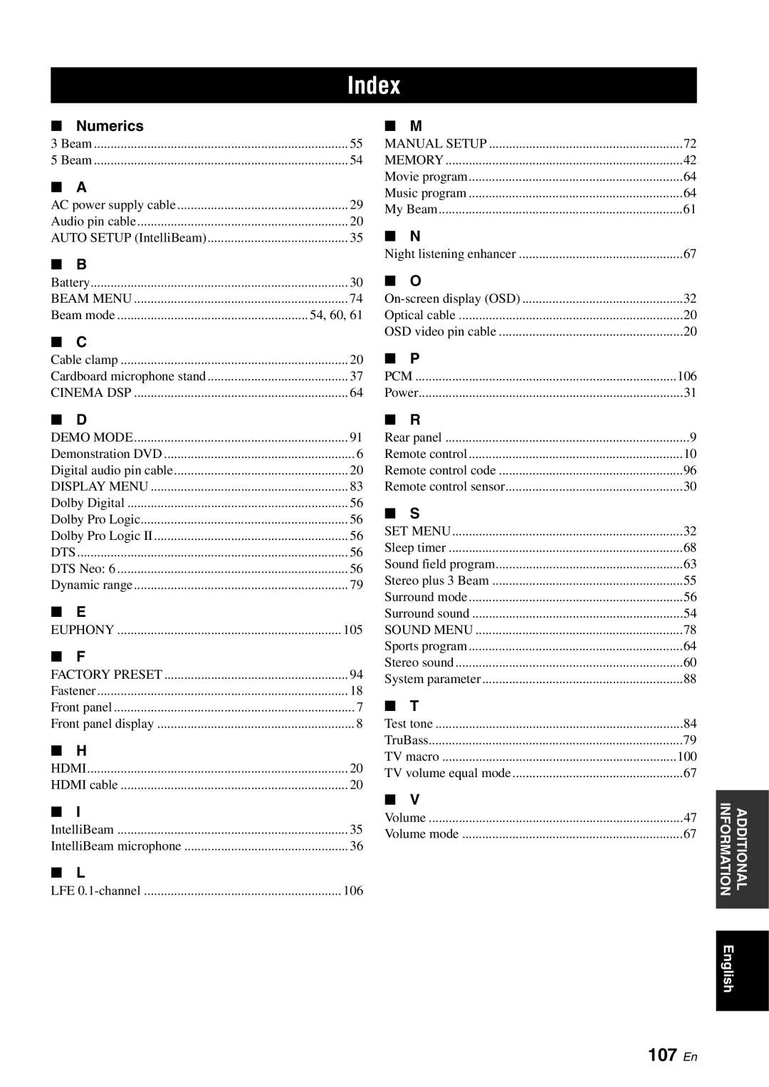 Yamaha YSP-3000 owner manual Index, 107 En, Numerics 