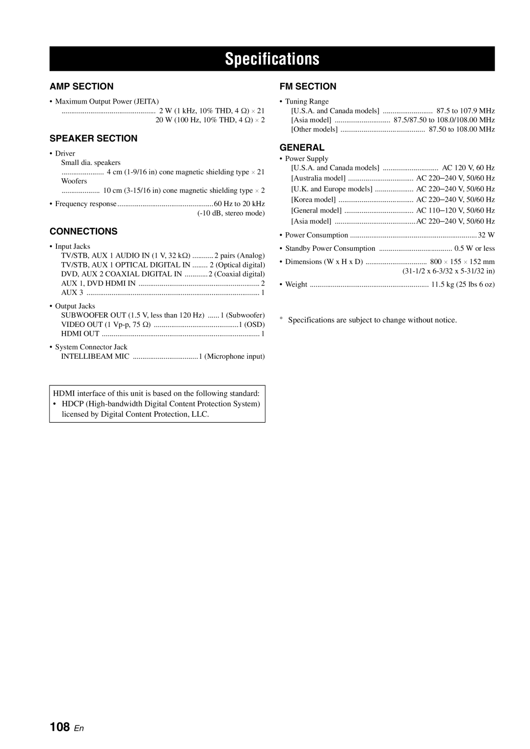 Yamaha YSP-3000 owner manual Specifications, 108 En 