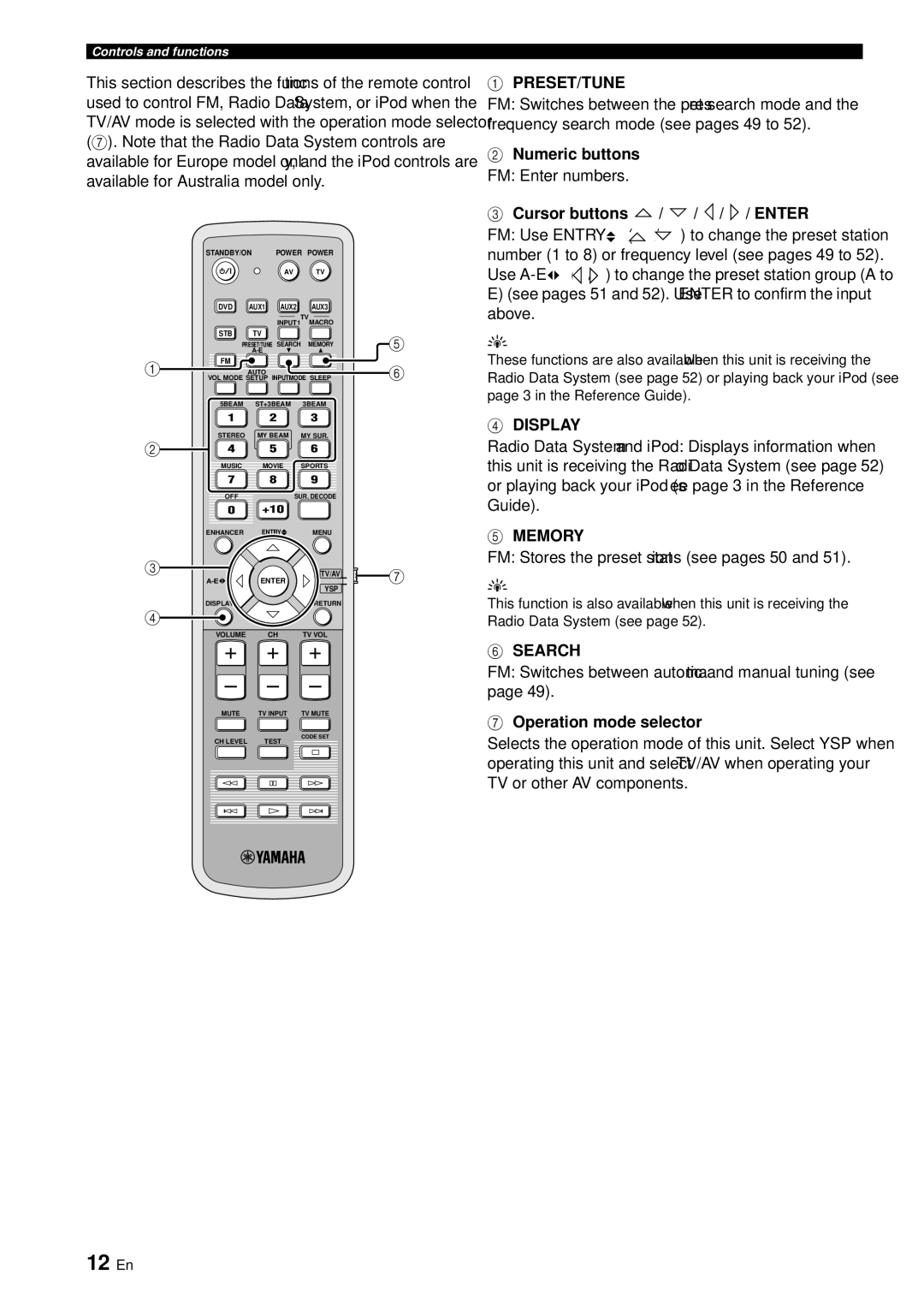 Yamaha YSP-3000 owner manual 12 En, Preset/Tune, Memory, Search 