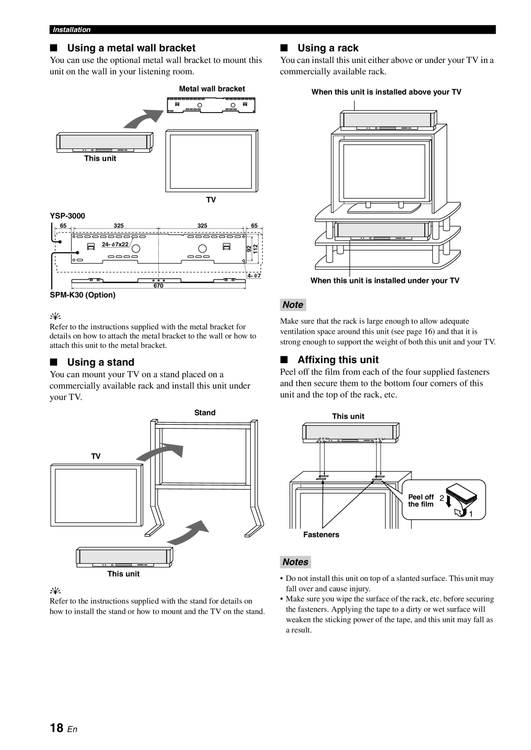 Yamaha YSP-3000 owner manual 18 En, Using a metal wall bracket, Using a rack, Using a stand, Affixing this unit 