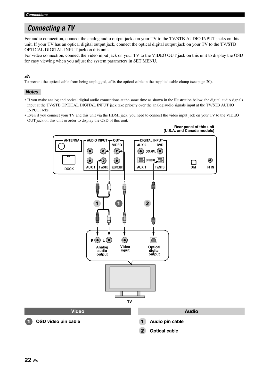 Yamaha YSP-3000 owner manual Connecting a TV, 22 En, OSD video pin cable Audio pin cable Optical cable 