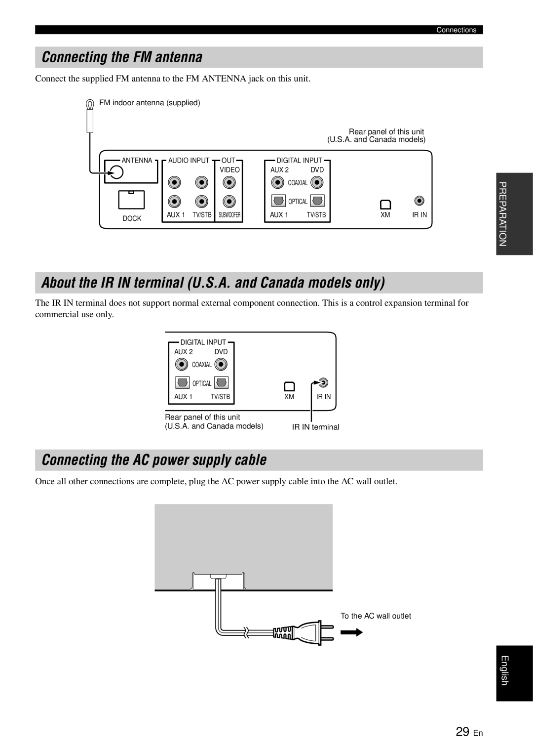 Yamaha YSP-3000 owner manual Connecting the FM antenna, About the IR in terminal U.S.A. and Canada models only, 29 En 