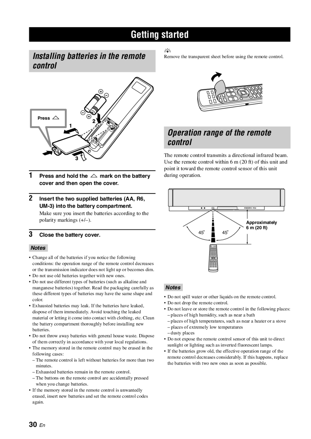 Yamaha YSP-3000 Getting started, Installing batteries in the remote control, Operation range of the remote control, 30 En 