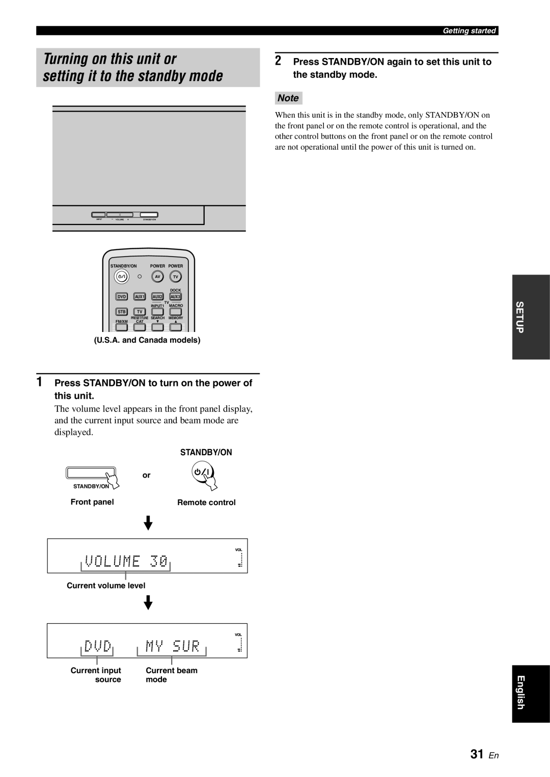 Yamaha YSP-3000 owner manual Volume, 31 En, Press STANDBY/ON again to set this unit to the standby mode 