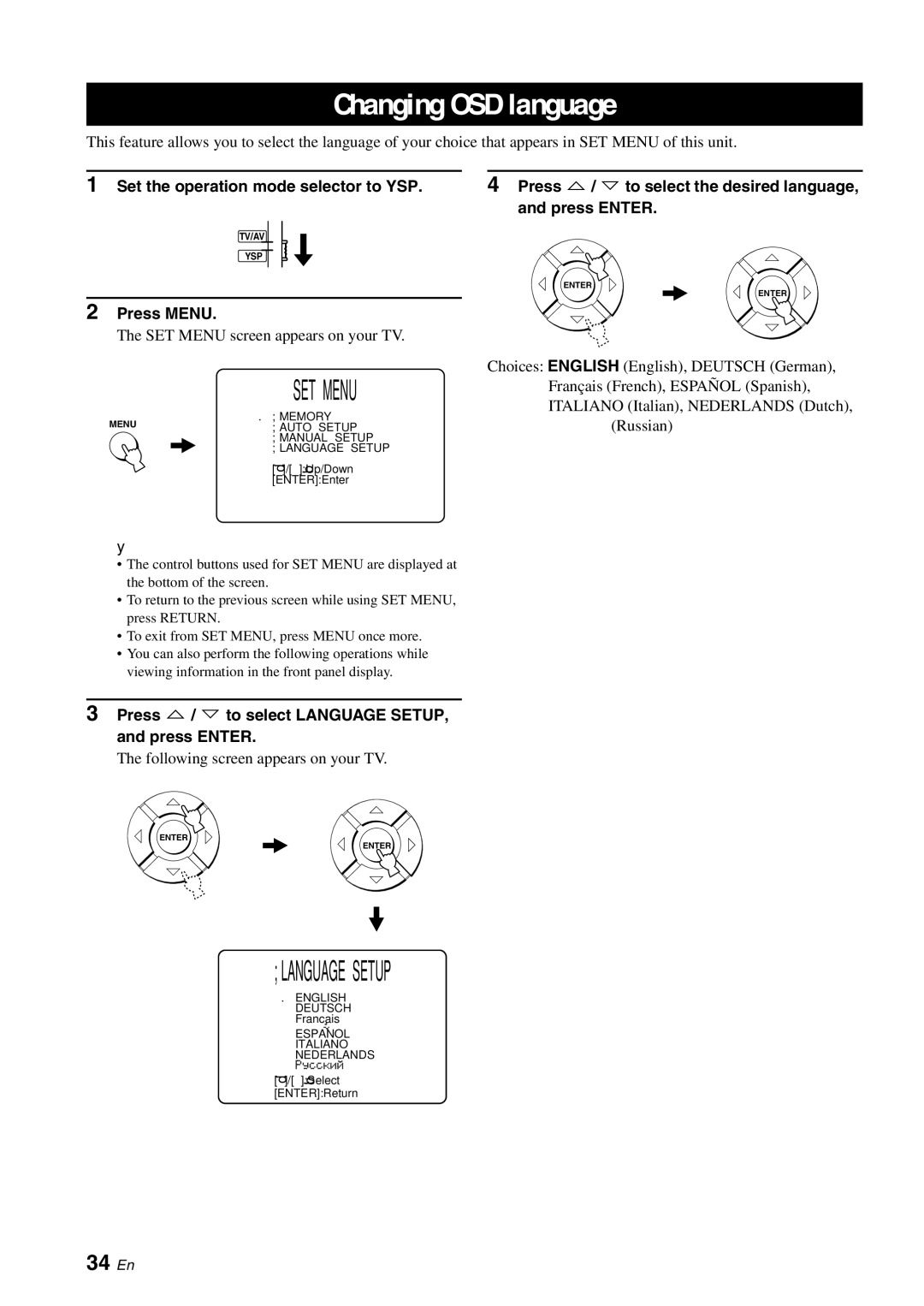 Yamaha YSP-3000 owner manual Changing OSD language, SET Menu, Language Setup, 34 En 