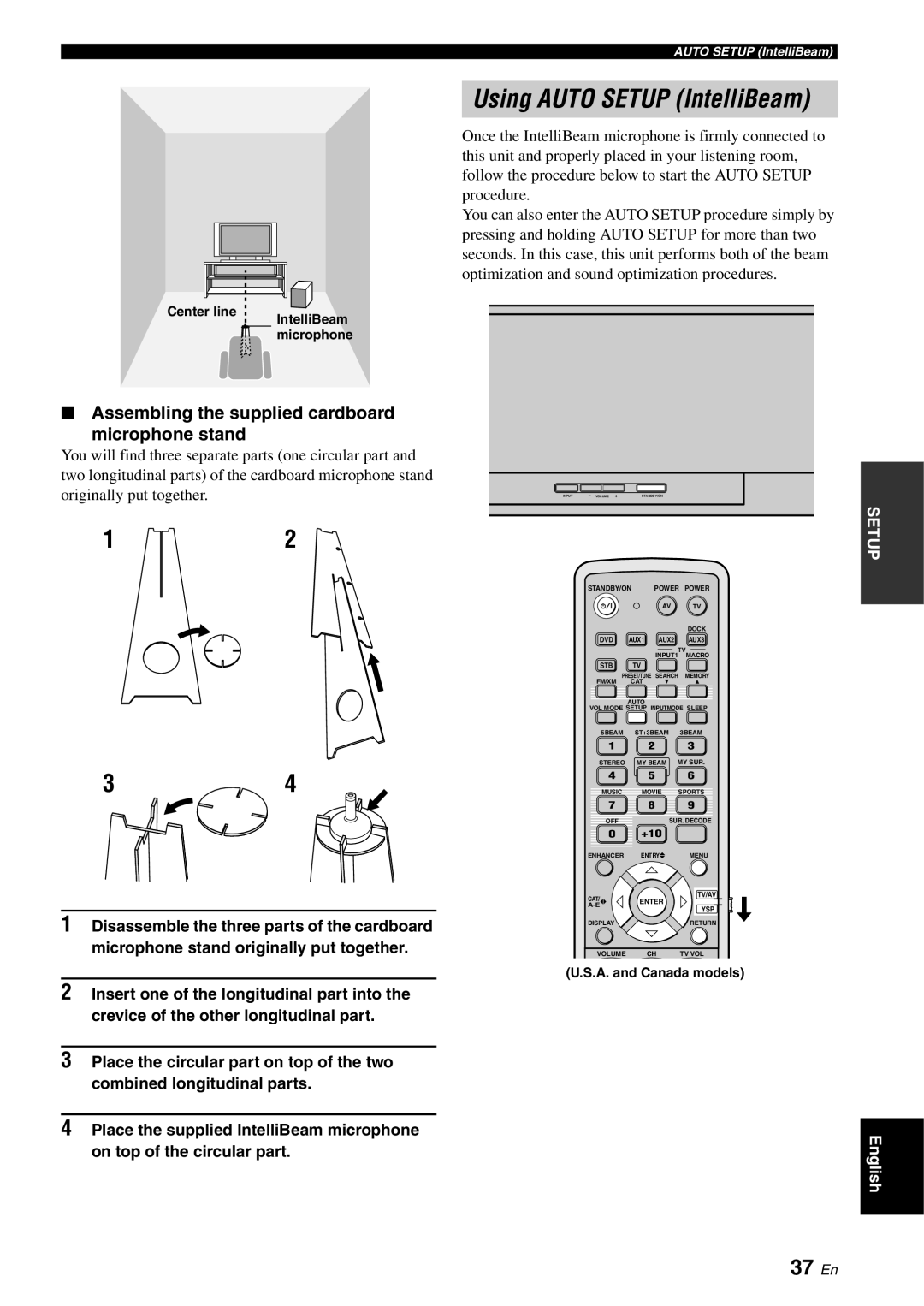 Yamaha YSP-3000 owner manual Using Auto Setup IntelliBeam, 37 En, Assembling the supplied cardboard Microphone stand 