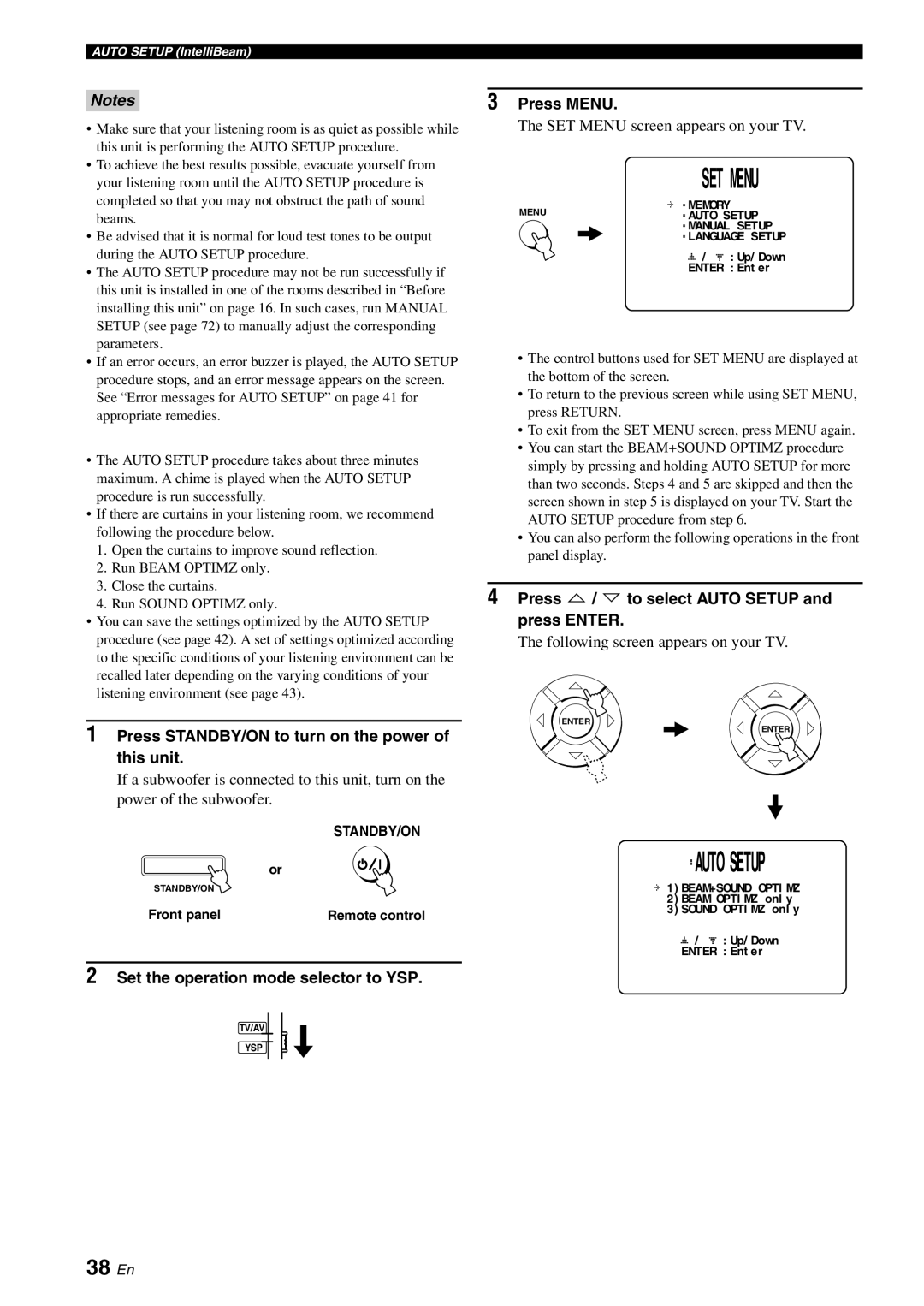 Yamaha YSP-3000 38 En, Set the operation mode selector to YSP, Press / to select Auto Setup and press Enter 