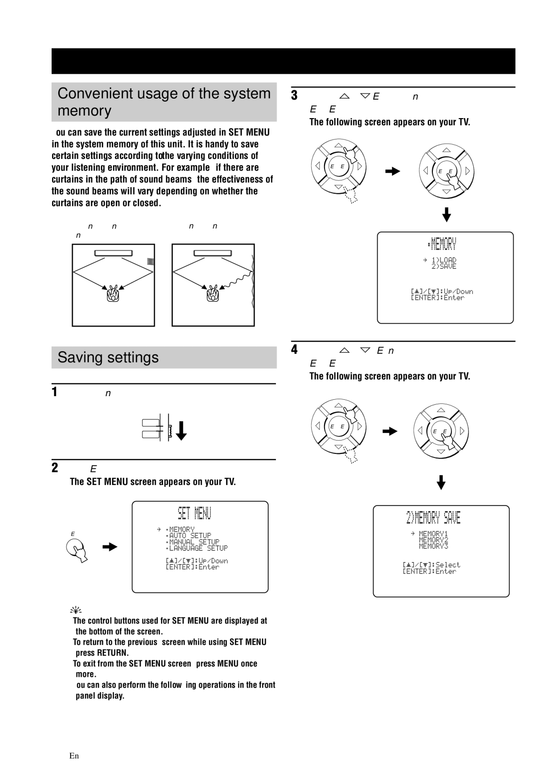 Yamaha YSP-3000 owner manual Using the system memory, 2MEMORY Save, Memory, Saving settings, 42 En 