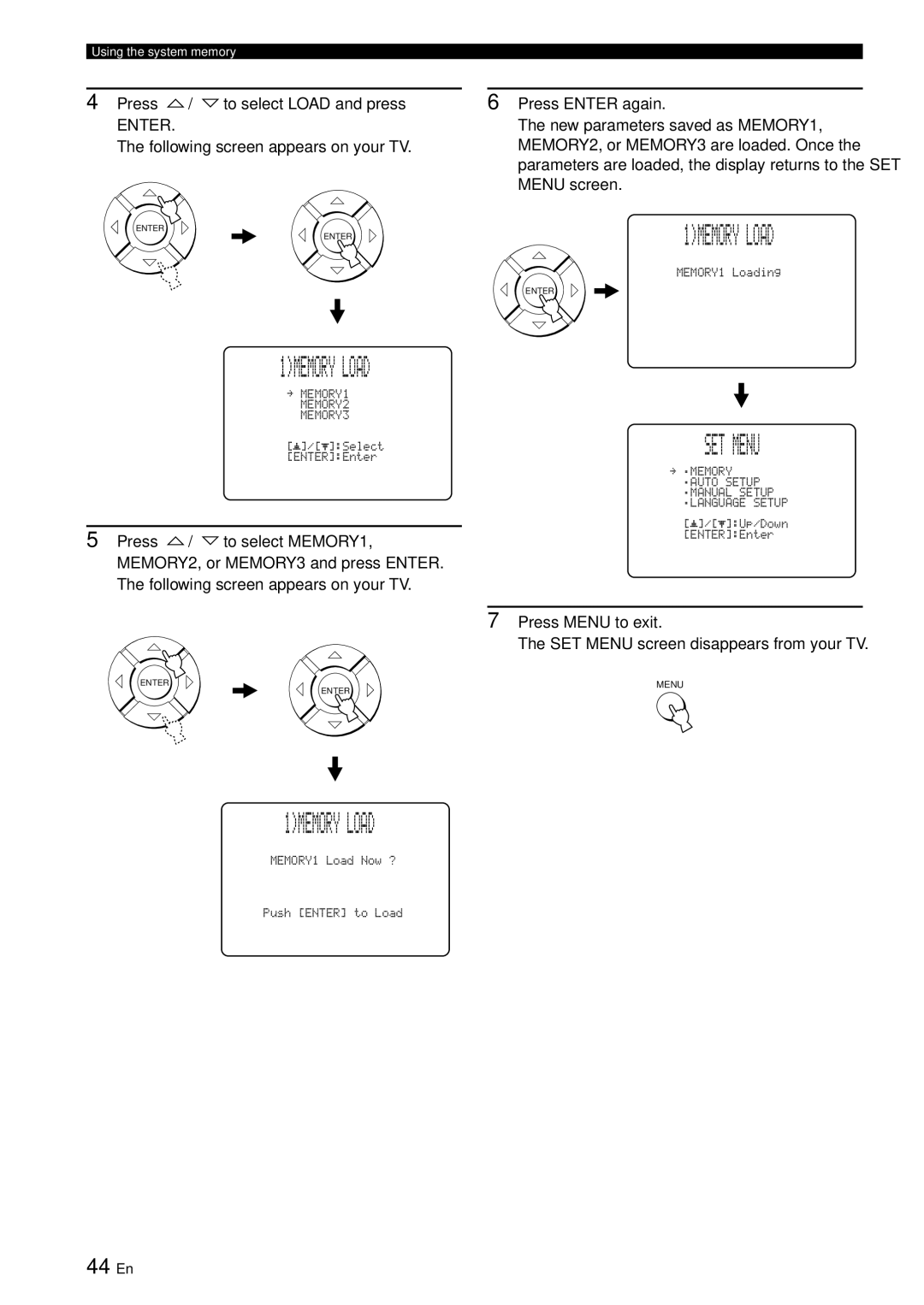 Yamaha YSP-3000 1MEMORY Load, 44 En, Press / to select Load and press Press Enter again, Press / to select MEMORY1 