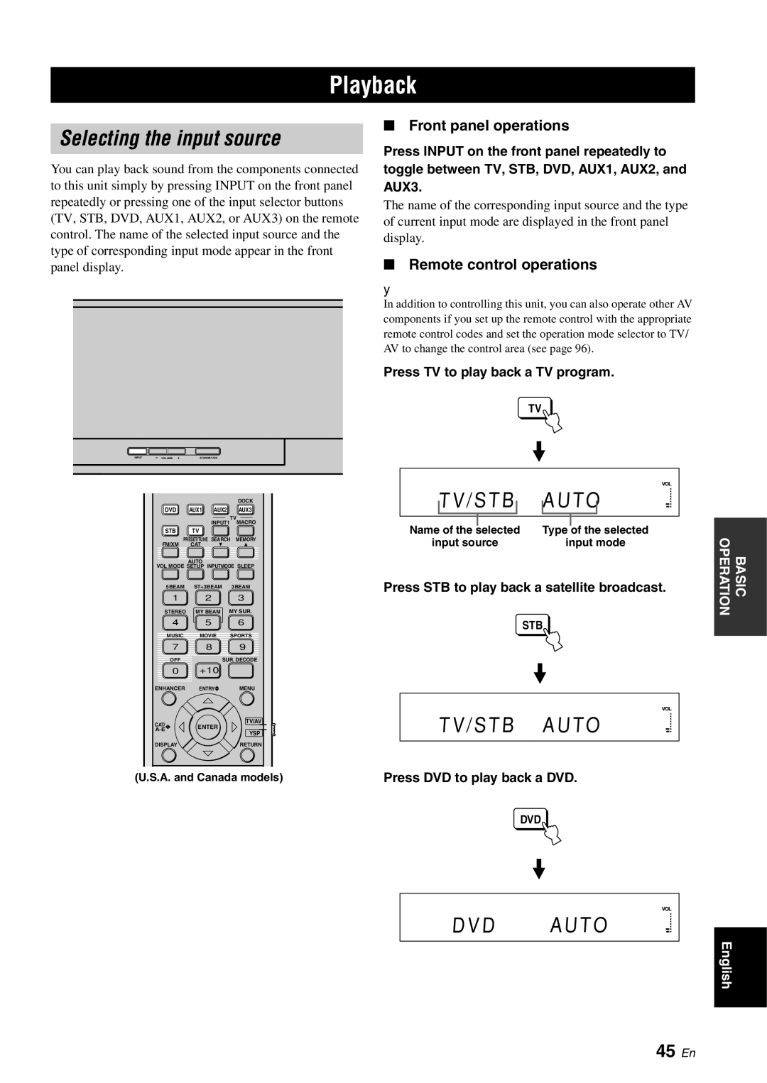 Yamaha YSP-3000 owner manual Playback, Selecting the input source, TV/STB Auto, Dvd, 45 En 