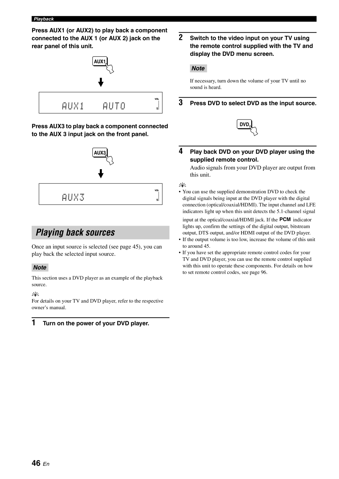 Yamaha YSP-3000 owner manual AUX1 Auto, AUX3, Playing back sources, 46 En, Press DVD to select DVD as the input source 